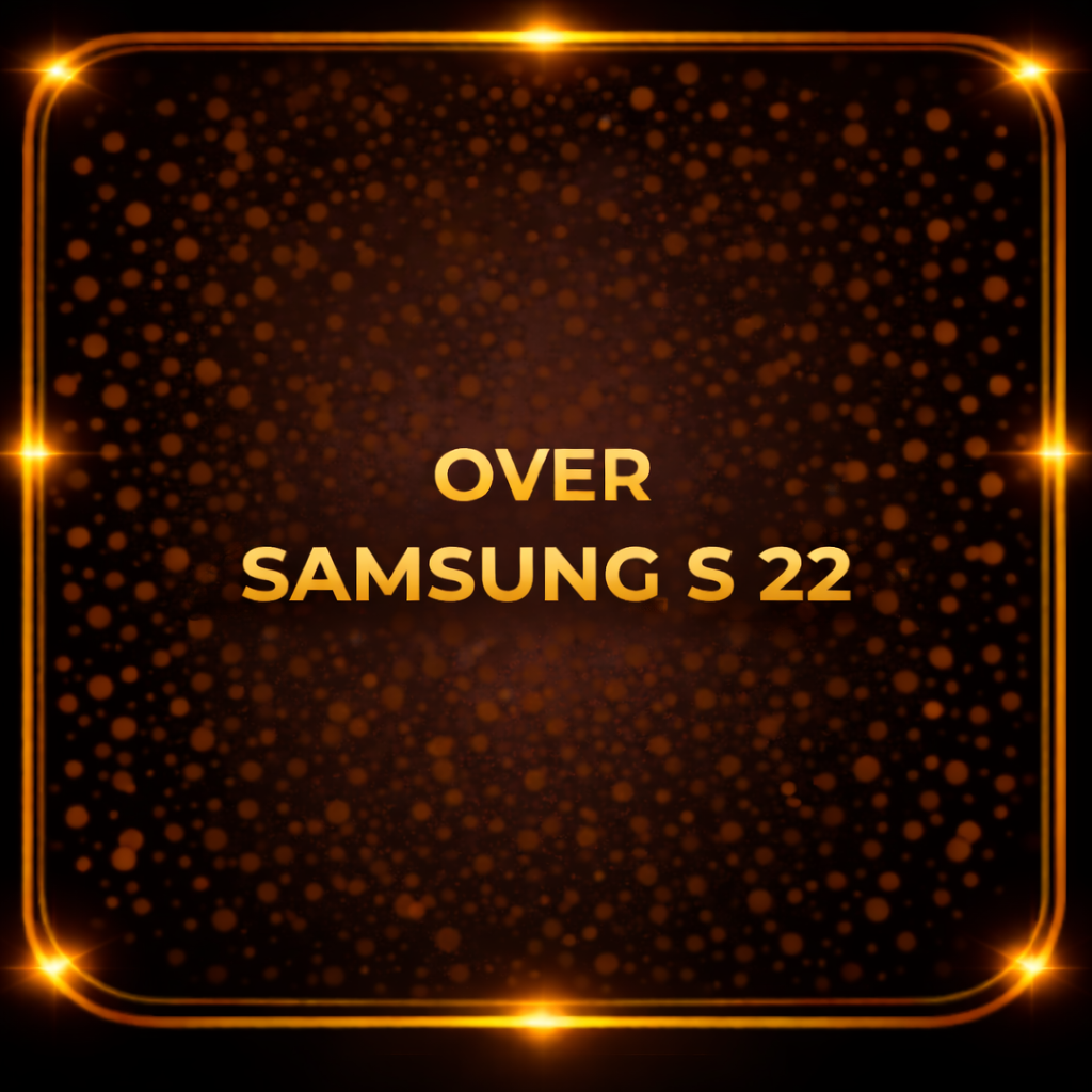 Een zwart achtergrond met gouden glitters en een gouden rand, met de tekst 'Over Samsung S 22' in het midden.