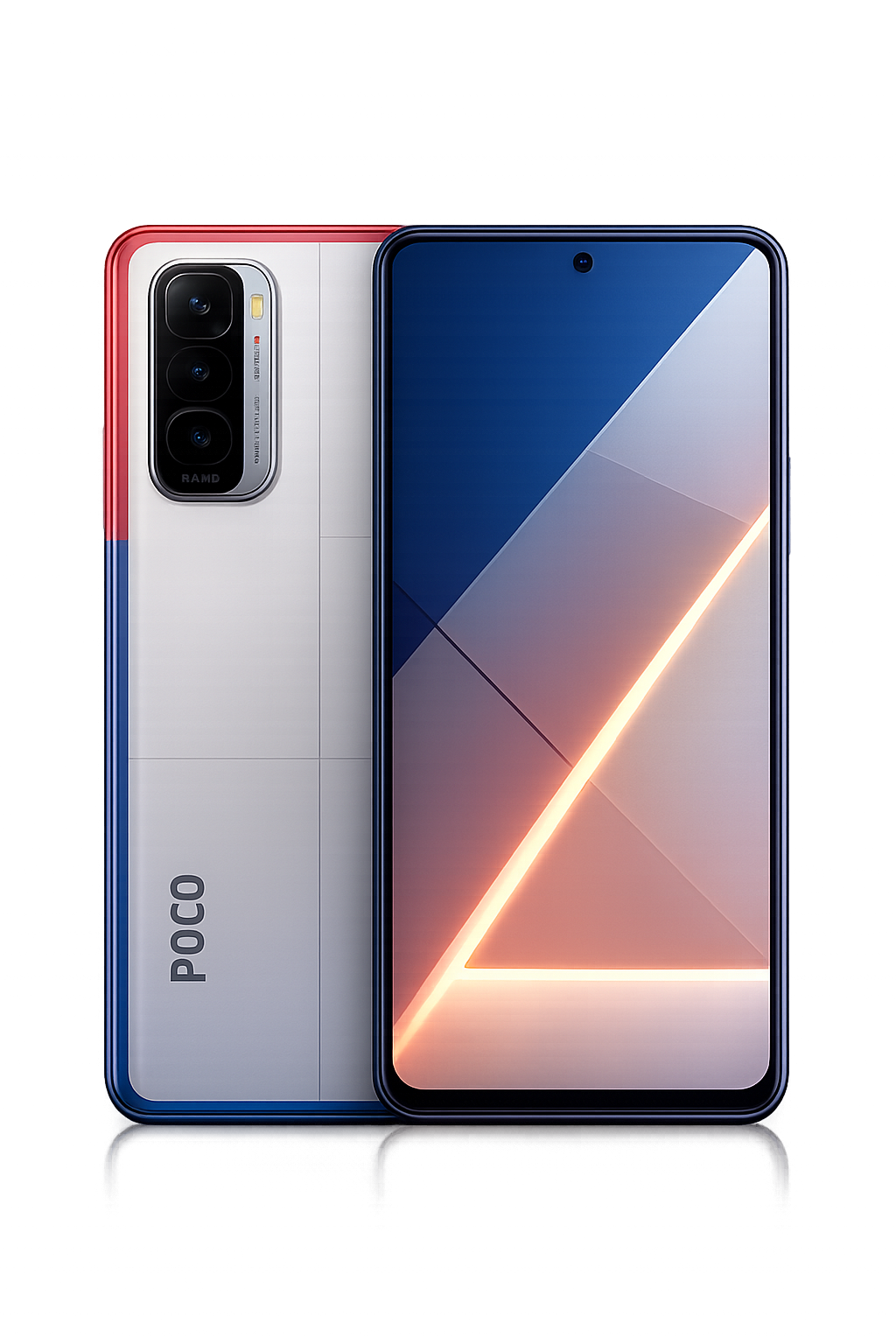 Een moderne smartphone met een groot scherm en meerdere camera's aan de achterkant, in een futuristische setting.