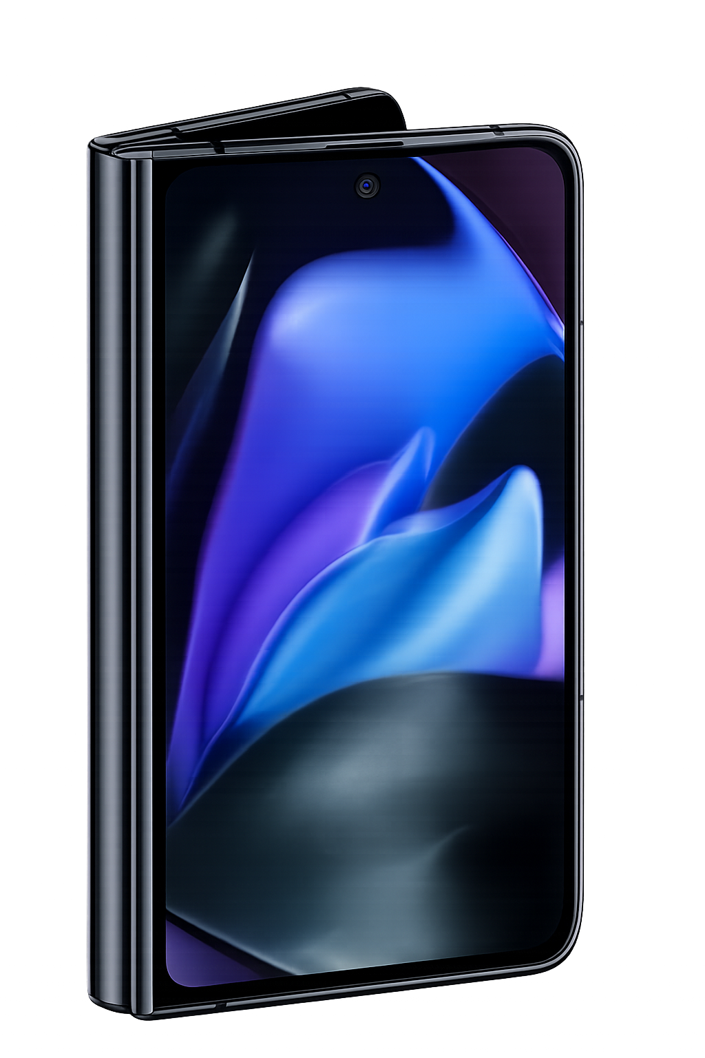 Een close-up van een modern smartphone met een glanzend scherm en een kleine camera in de bovenste middenpositie, tegen een donkere achtergrond met rode en zwarte lichteffecten.