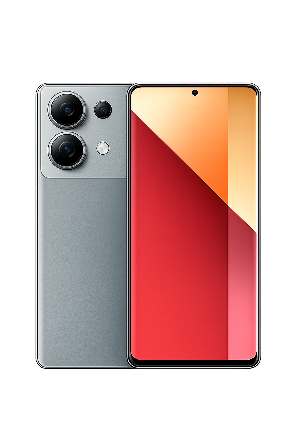 Een smartphone met een grote dual-camera en een scherm met een kleurrijk geometrisch patroon.
