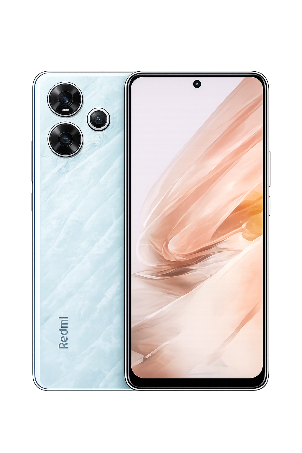 Een nieuwe Xiaomi Redmi-smartphone met een groot scherm en drievoudige camera op de achterkant, getoond voor een kleurrijke achtergrond.