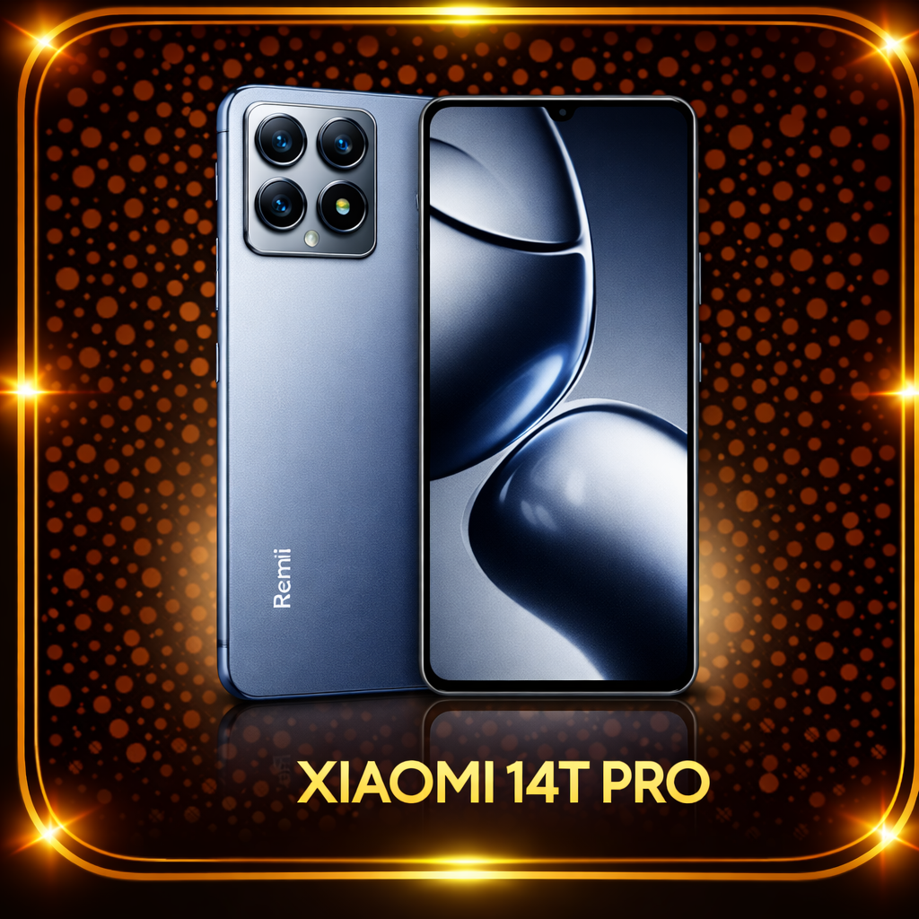 Een afbeelding van de Xiaomi 14T Pro-smartphone met een blauwe achterkant en een groot scherm, weergegeven met een gouden en oranje fonkelende achtergrond. Het modelnaam is onderaan zichtbaar.