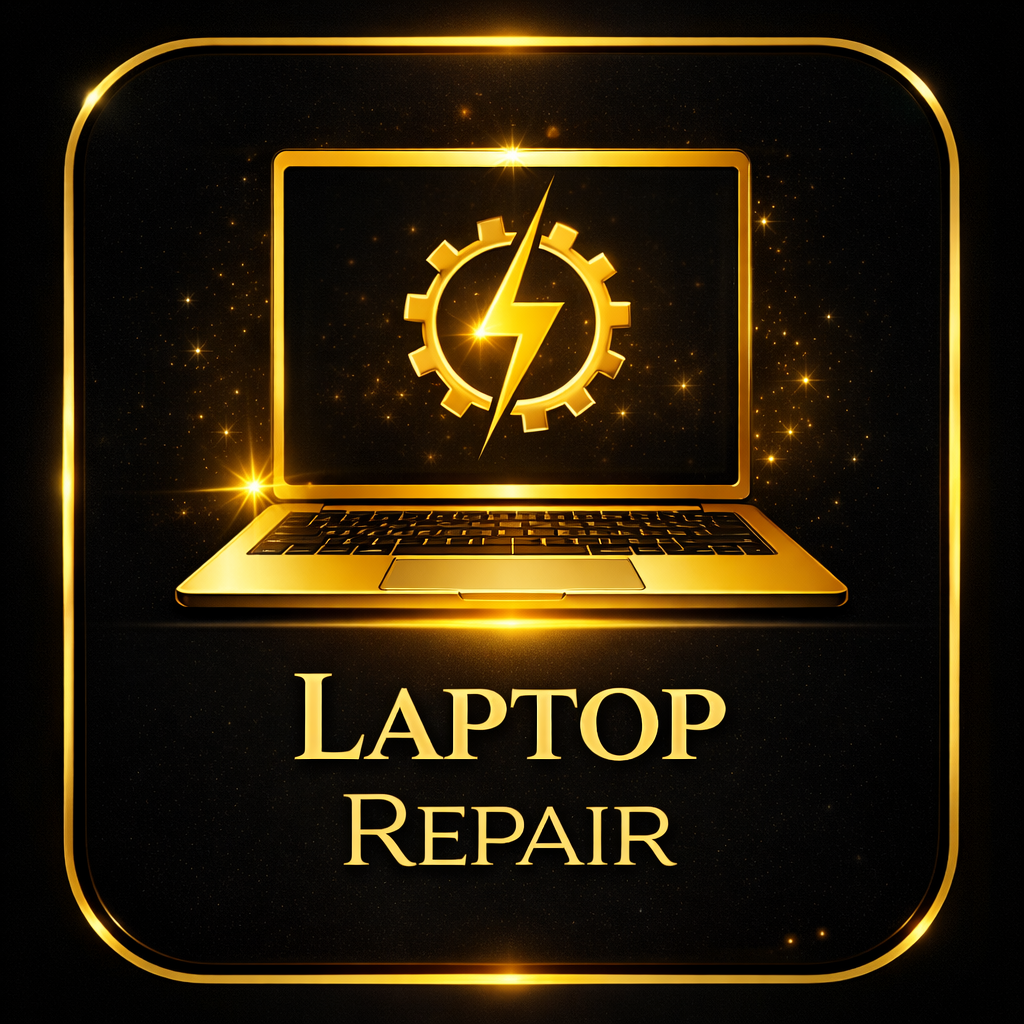 Golden laptop met een bliksemschicht en tandwiel op het scherm, met de tekst "Laptop Repair" onderaan, tegen een zwarte achtergrond met goudsterren en een glanzende gouden rand.