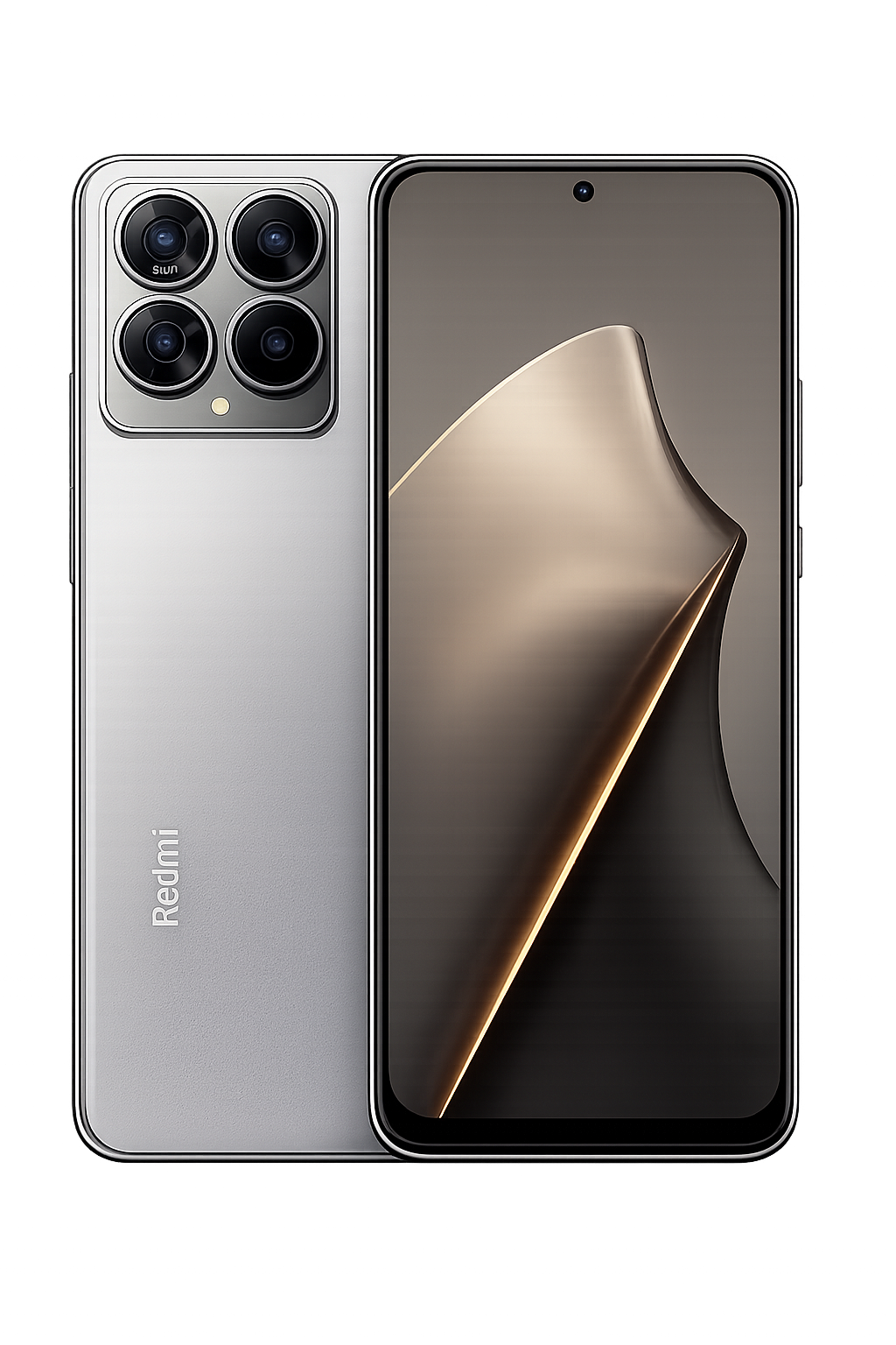 Een zilverkleurige smartphone met vier camera's aan de achterkant en een groot scherm met een abstract achtergrond, gestyled als een hightech apparaat.