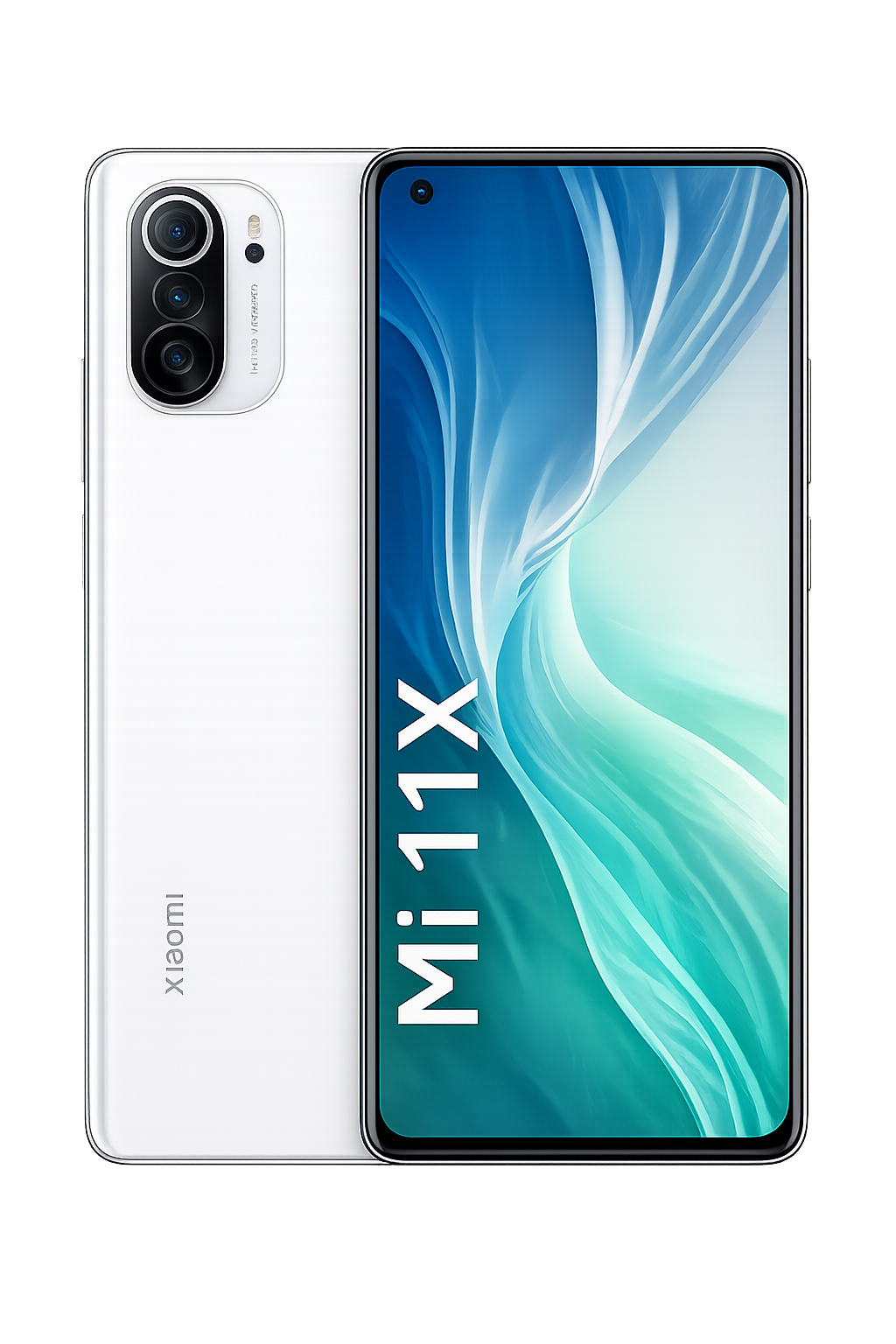 Een witte Xiaomi Mi 11X Lite smartphone met een groot scherm en een drievoudige camerasensor op de achterkant.