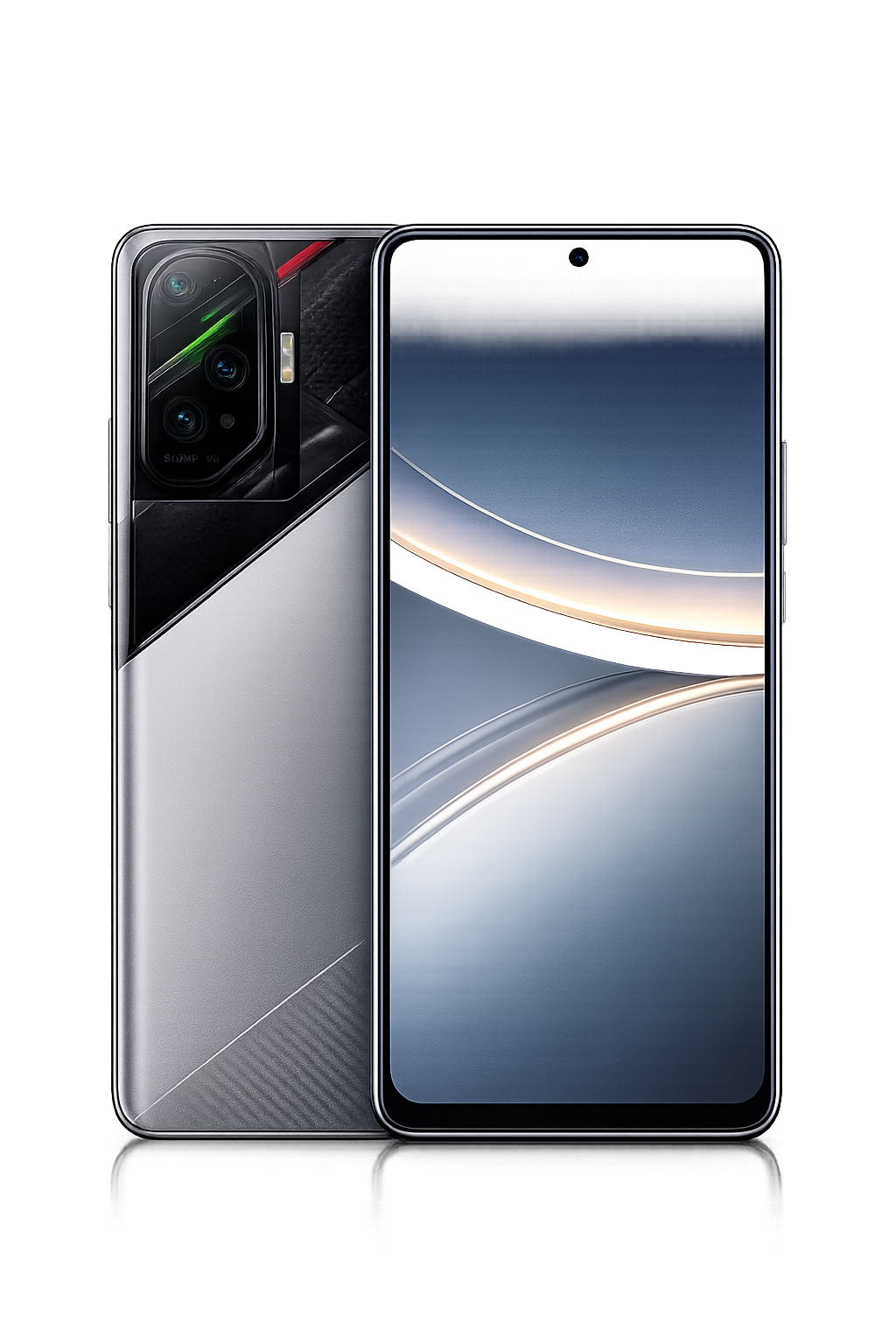 Een moderne smartphone met een grote scherm en een drievoudige camera aan de achterkant, afgebeeld tegen een zwarte achtergrond met kleurrijke lichtstralen.