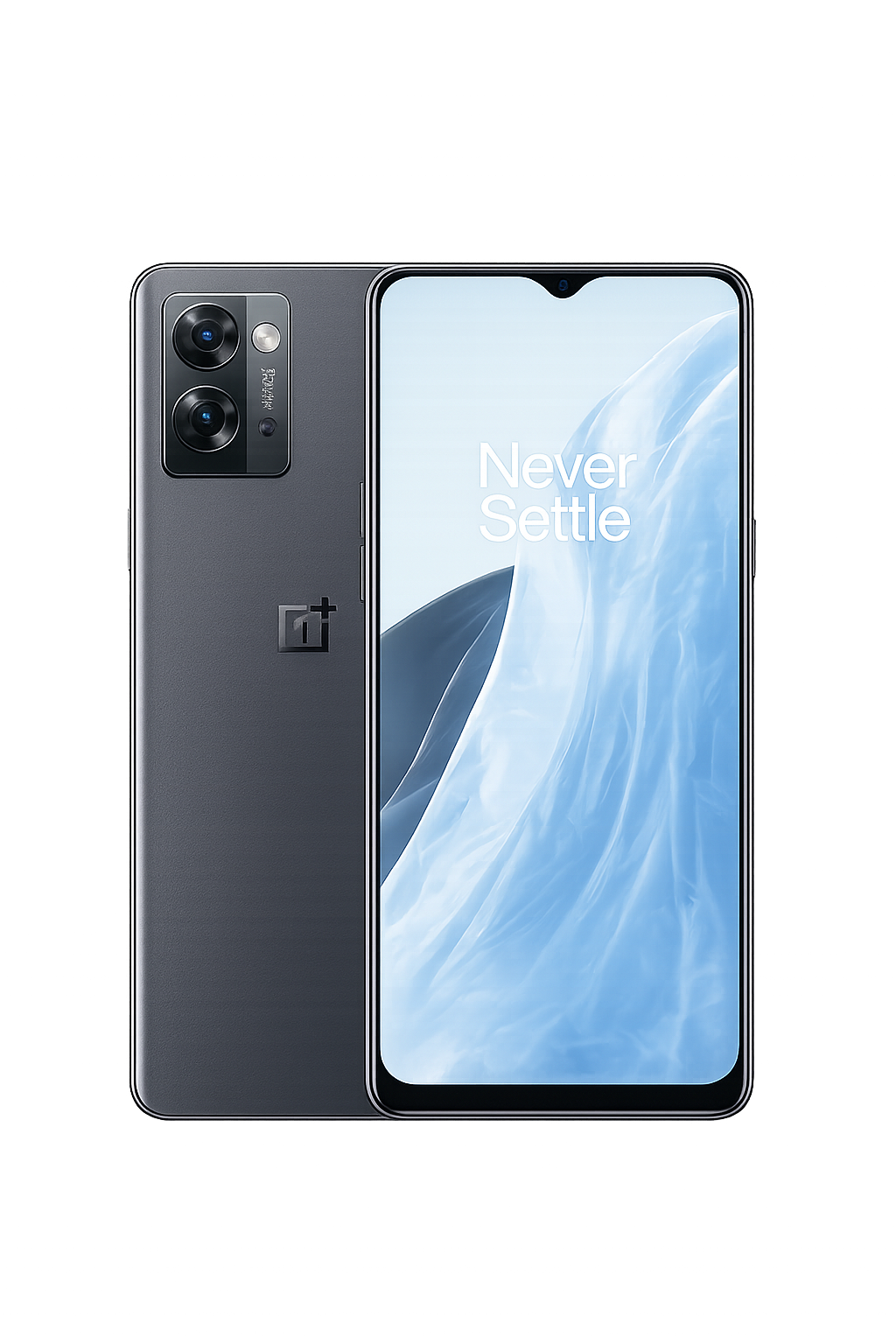 Een zwarte smartphone met dubbel camerasysteem en een  scherm met de tekst 'Never Settle' op een zwarte achtergrond met rode en paarse lichtstralen.