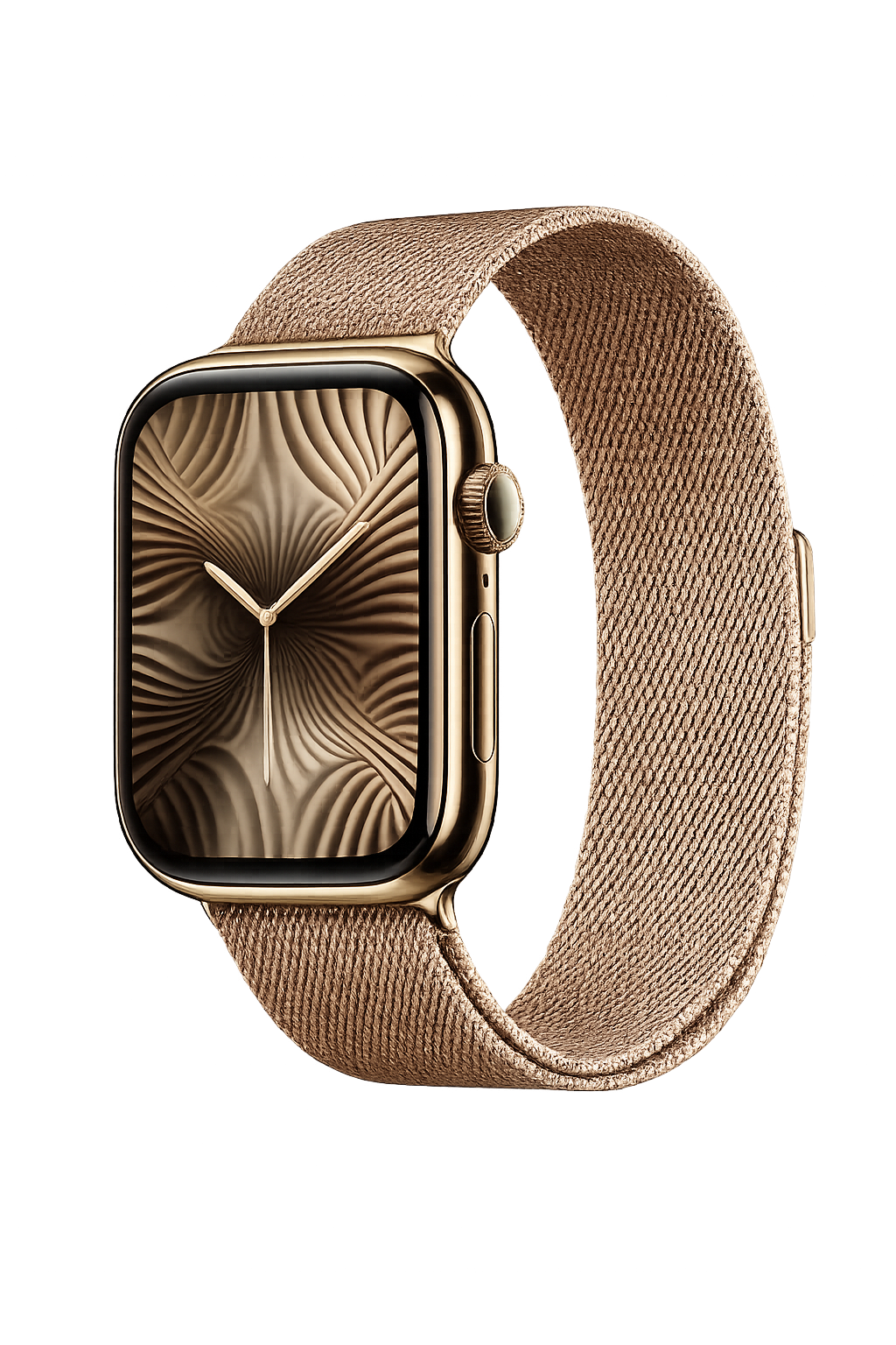 Een slimme horloge met een gouden metalen kast en een beige textielband.