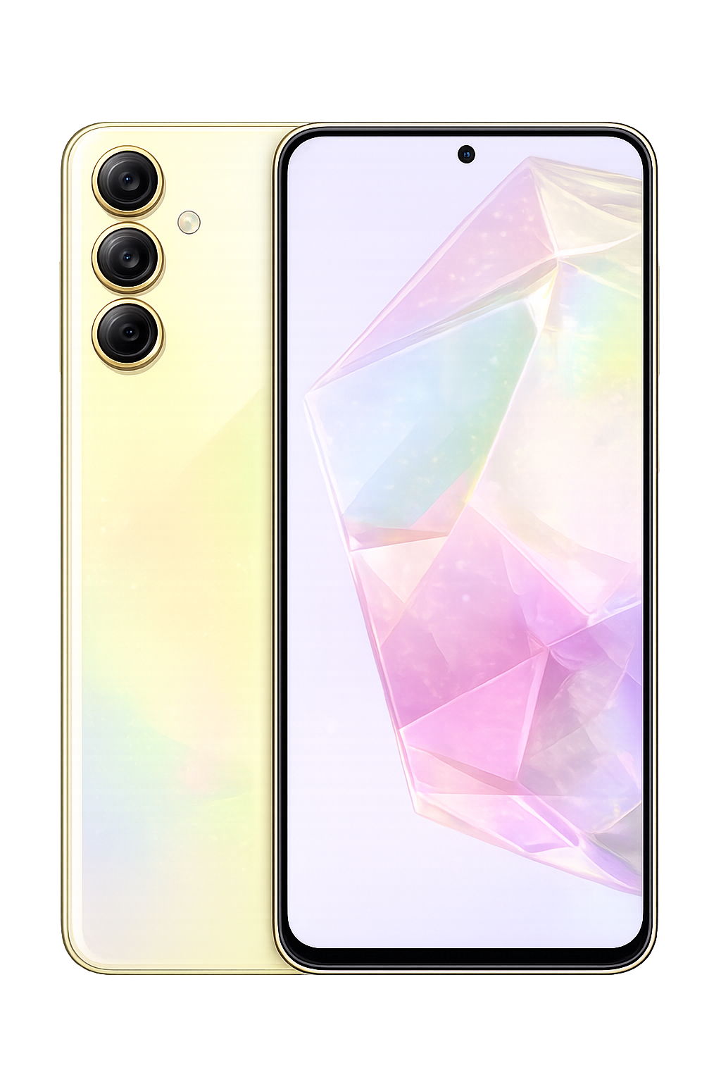 Gele smartphone met drie camera's achteraan en een scherm met een kleurrijk geometrisch patroon.