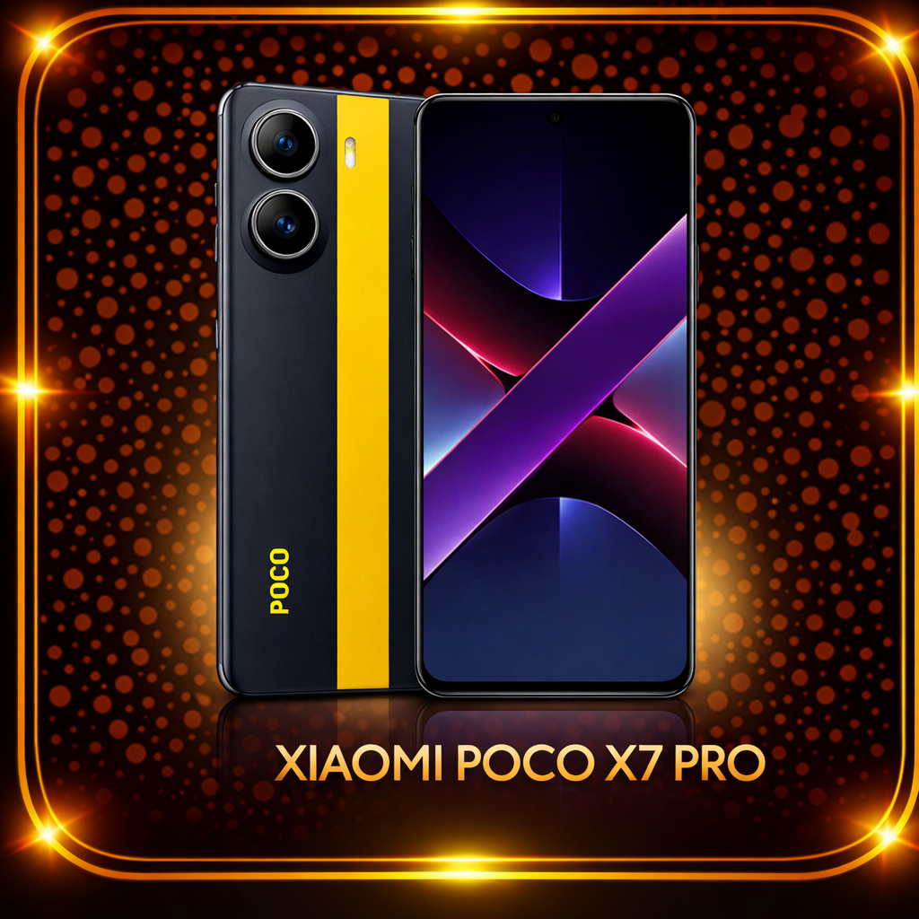 Een 小米 POCO X7 PRO smartphone met een zwart en gele behuizing, vertoond op een achtergrond met oranje stippen en een gouden rand.