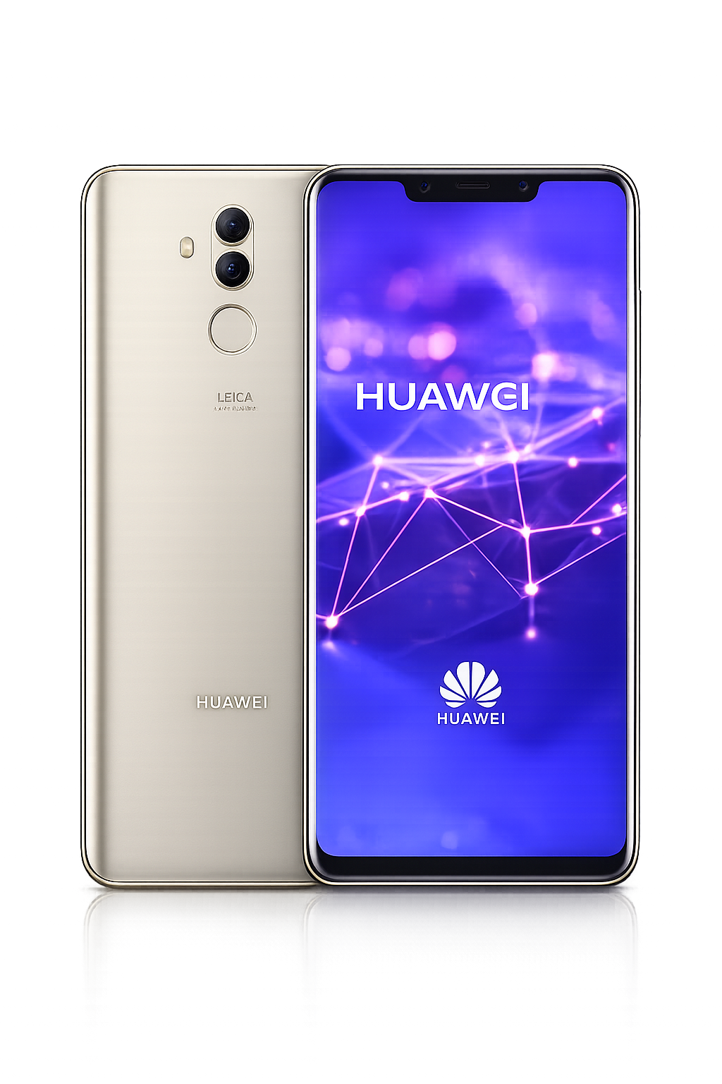 Een Huawei-smartphone met een display en een dubbele camera aan de achterkant, met een holografisch blauwe achtergrond.