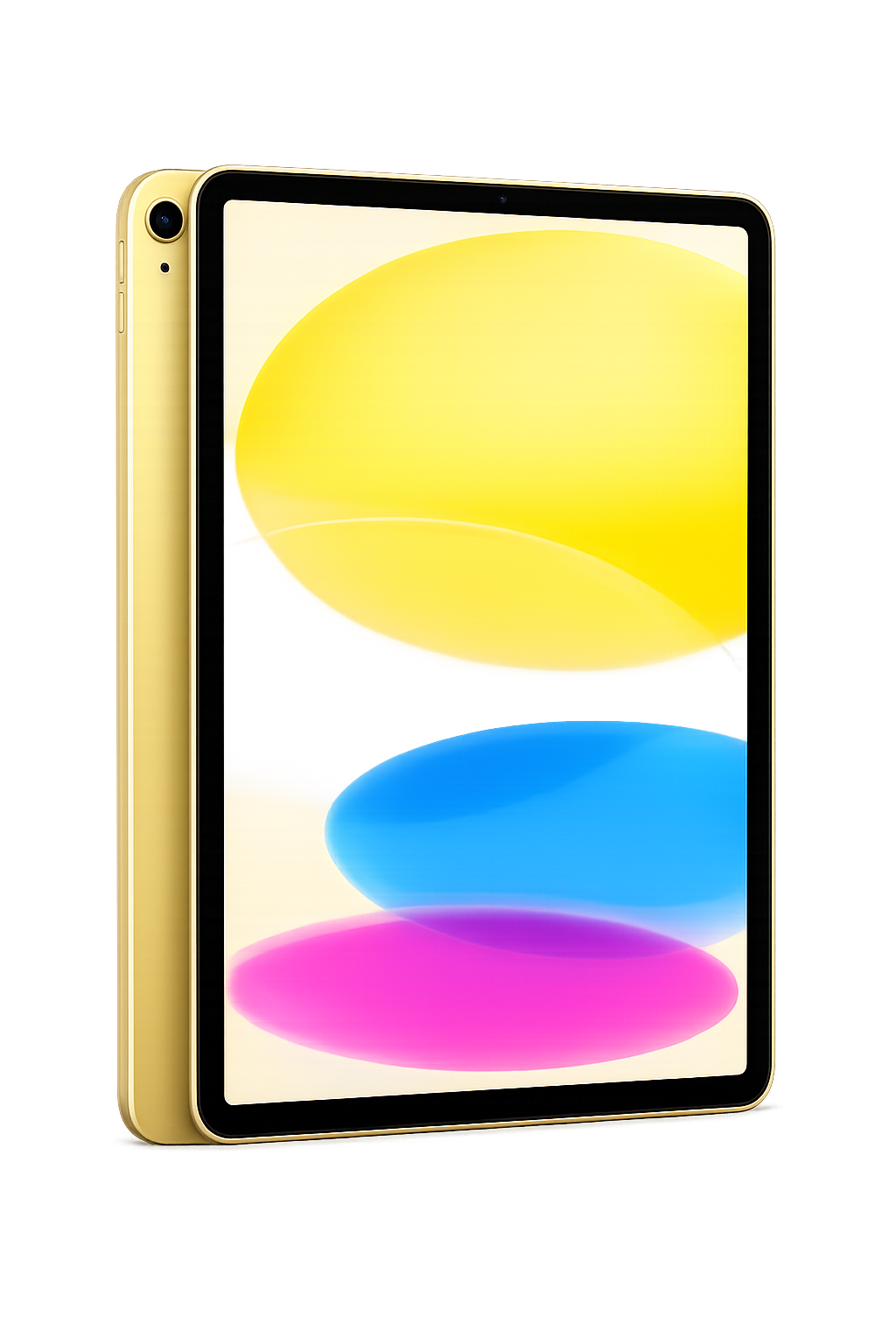 Gelei smartphone met een kleurrijk display van gele, blauwe en roze ovale vormen.