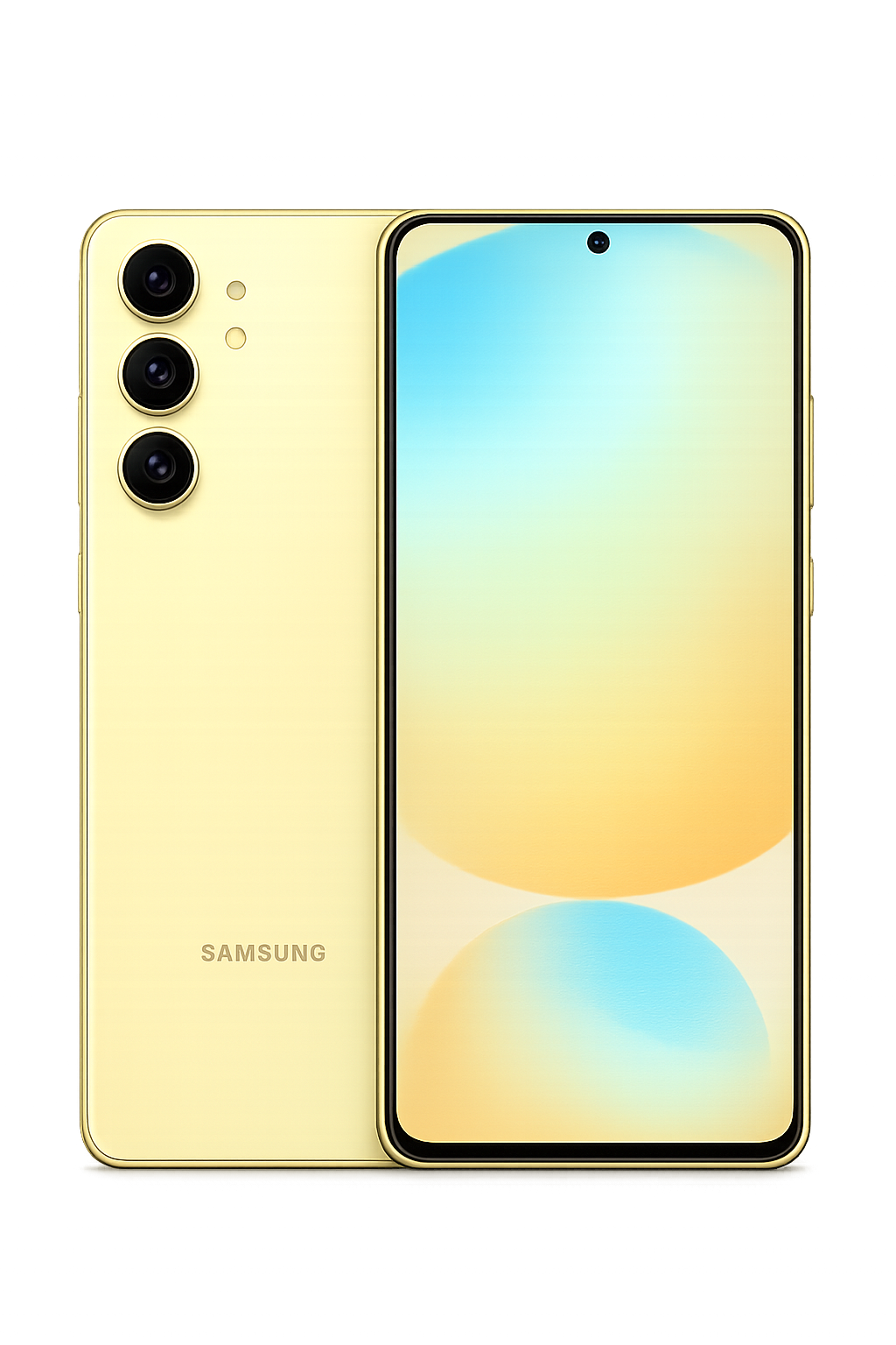 Een gele Samsung-smartphone met een voor- en achterkant zichtbaar, het scherm toont een abstract kleurrijk patroon, tegen een donkere achtergrond met blauwe lichten.