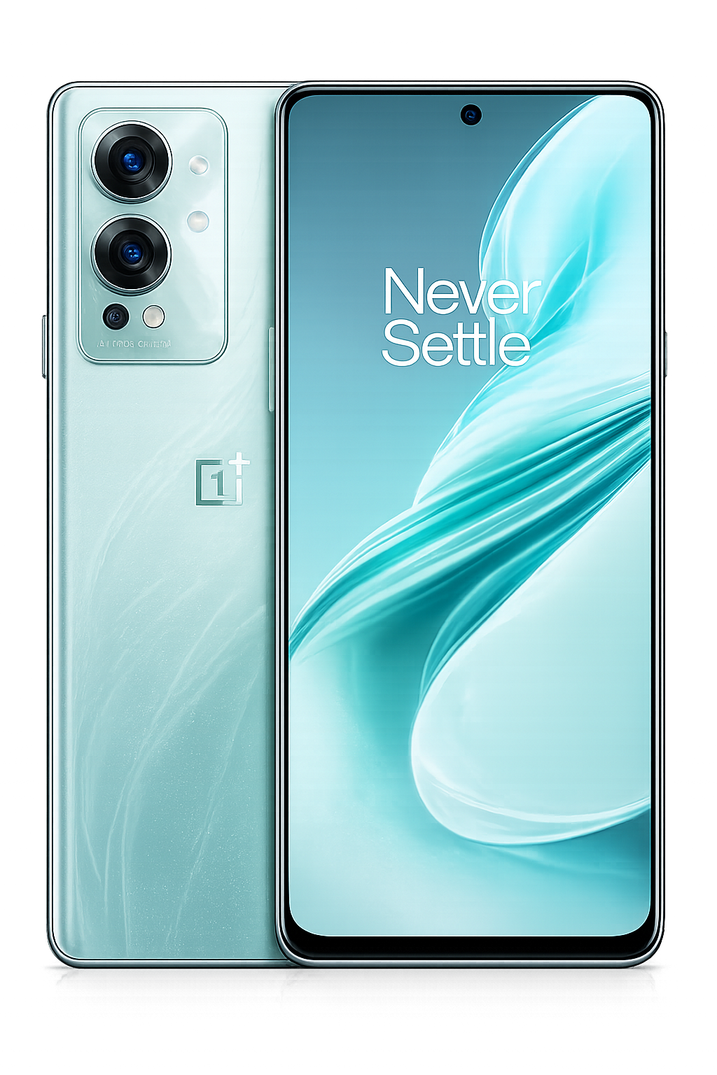 Een smartphone met het opzwepende tekst 'Never Settle' op het scherm, en een achterkant met een drievoudige camera en het OnePlus logo.