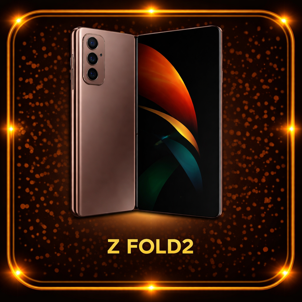 Een smartphone, de Z Fold2, die deels opvouwbaar is met een zwart scherm en een gouden afwerking, omgeven door eenoranje glow en vlekken op de achtergrond.