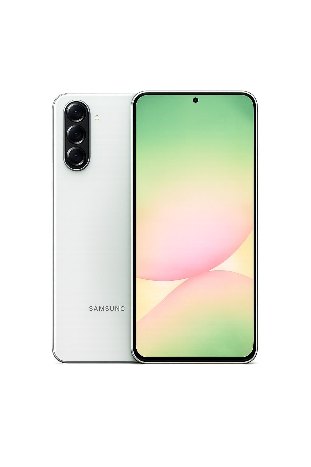 Een witte Samsung-smartphone met drie camera's aan de achterkant en een groot diagonaal scherm, afgebeeld tegen een donkere achtergrond met kleurrijke lichtstralen.