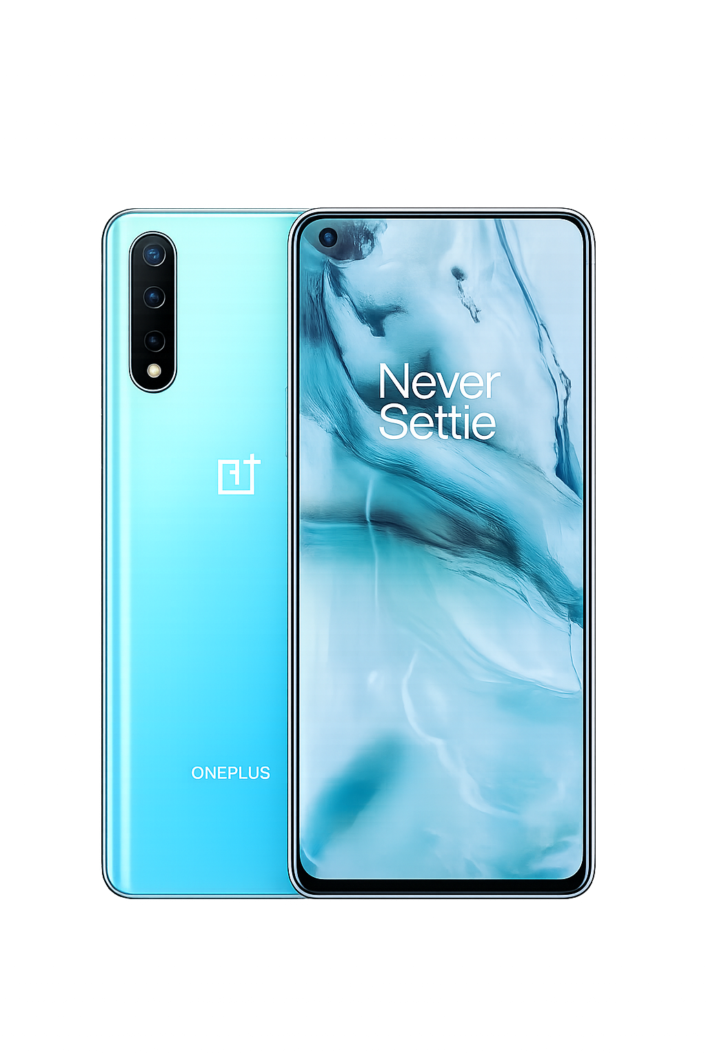 Een OnePlus-smartphone met de tekst 'Never Settle' op het scherm, weergegeven in een digitale presentatie met kleurrijke lichtstralen op de achtergrond.