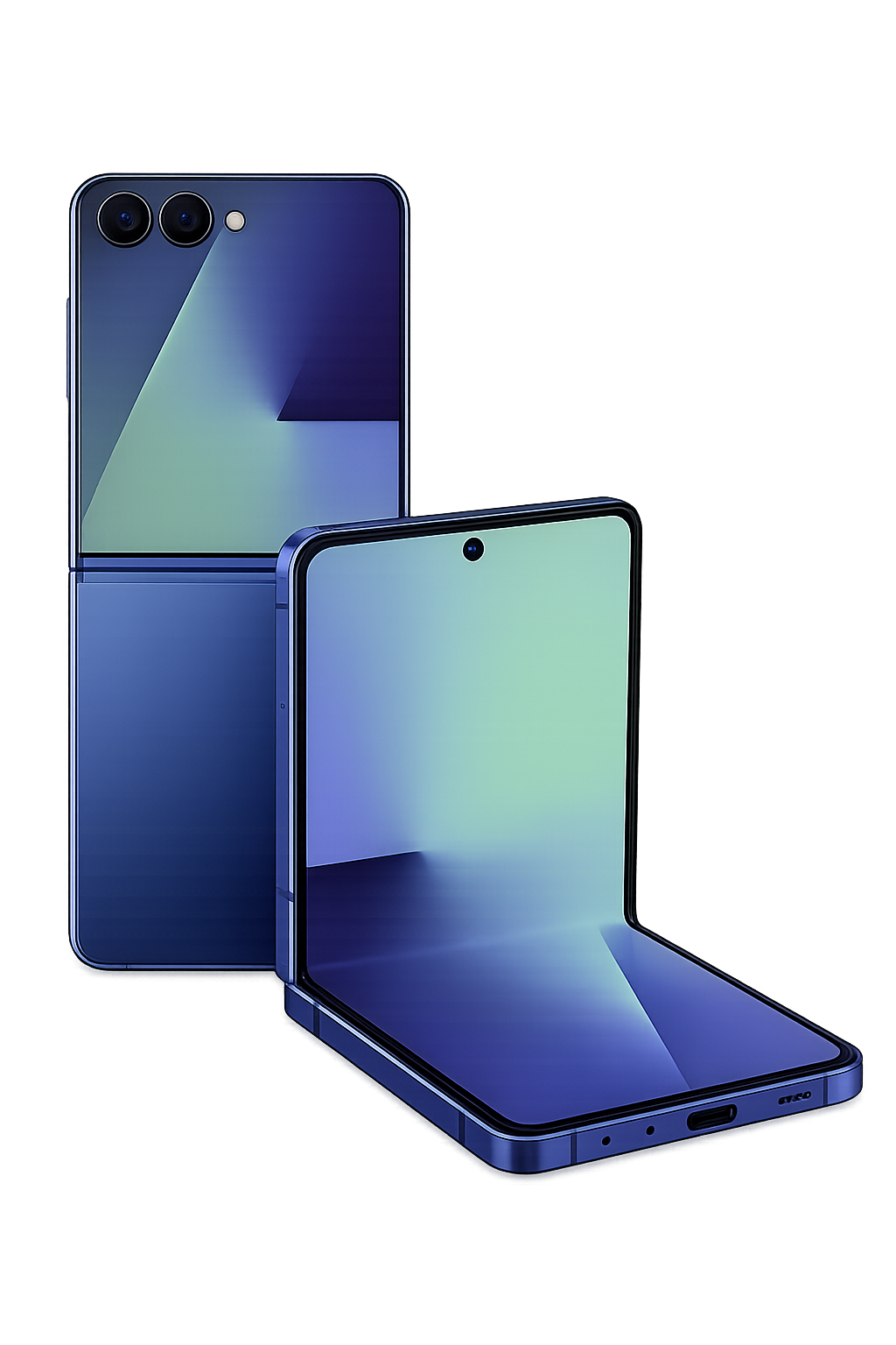 Drie smartphones met glanzende blauwe afwerking en grote schermen, één ligt plat en twee staan rechtop, met een achtergrond van kleurrijke lichtstralen.