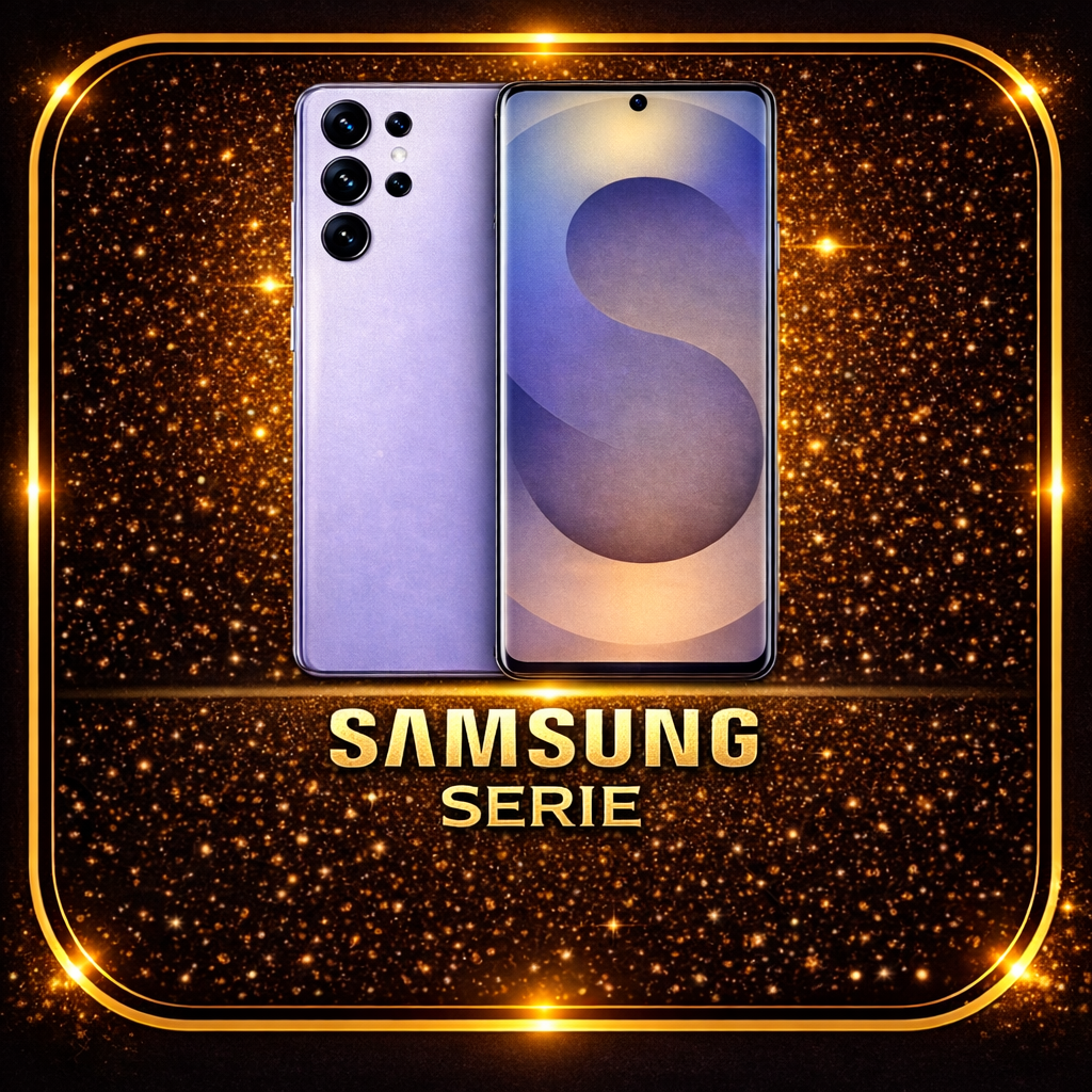 Een guirlander met een paar Samsung smartphones, een van de modellen met een paar camera's aan de achterkant en een ander met een scherm dat 01S, 02S en 03S heeft, omringd door een gouden glitter en licht effecten.