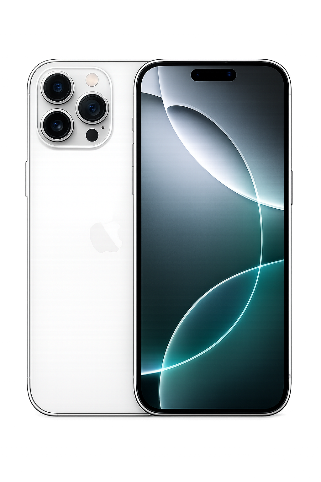 Een witte iPhone met driedubbele camera aan de achterkant en een zwart scherm, getoond tegen een kleurrijke, lichtgevende achtergrond