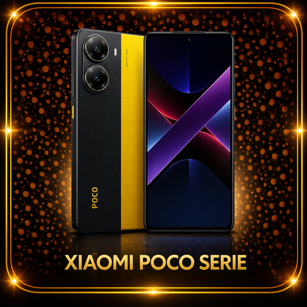Een smartphone uit de Xiaomi Poco-serie met een zwart ontwerp en een 50 MP camera, afgebeeld tegen een zwart-oranje sparkling achtergrond.