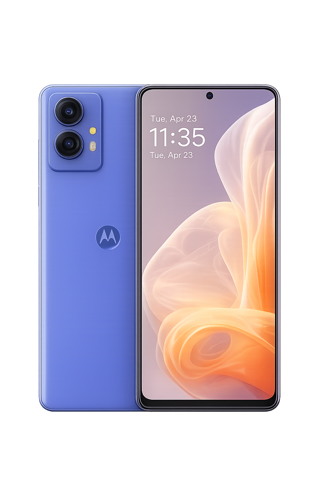 Een blauwe Motorola-smartphone met een groot scherm dat de tijd 11:35 en de datum dinsdag 23 april toont.