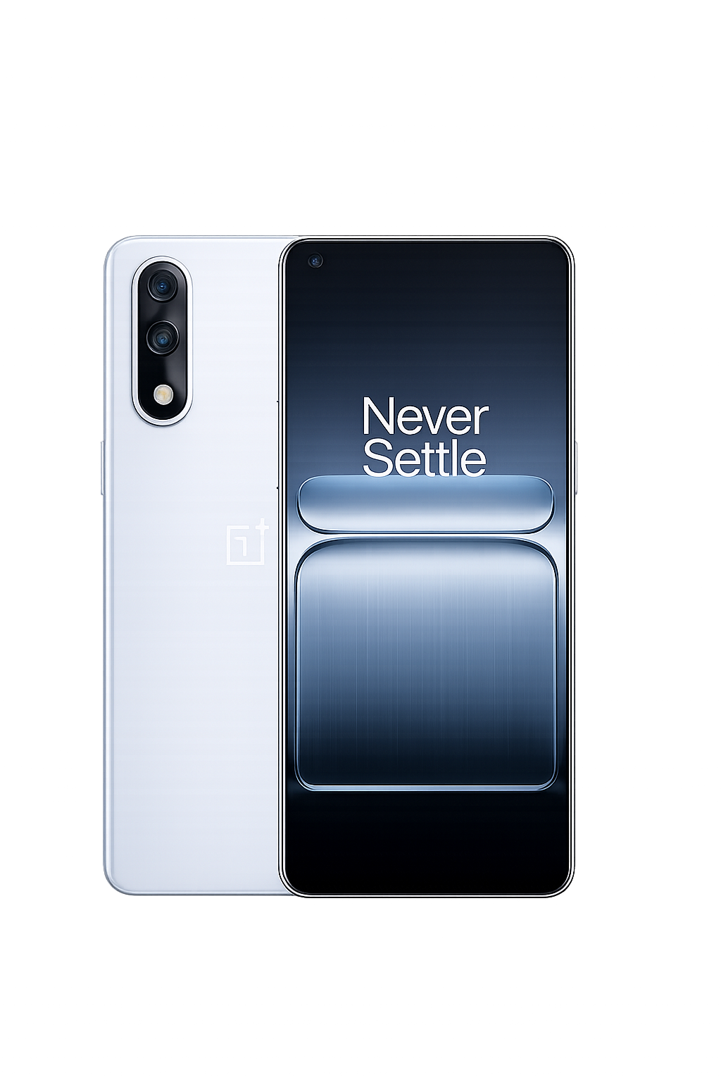 Een afbeelding van een smartphone met de woorden 'Never Settle' op het scherm, en de achterkant toont de cameraresultaten en het Plus-logo.