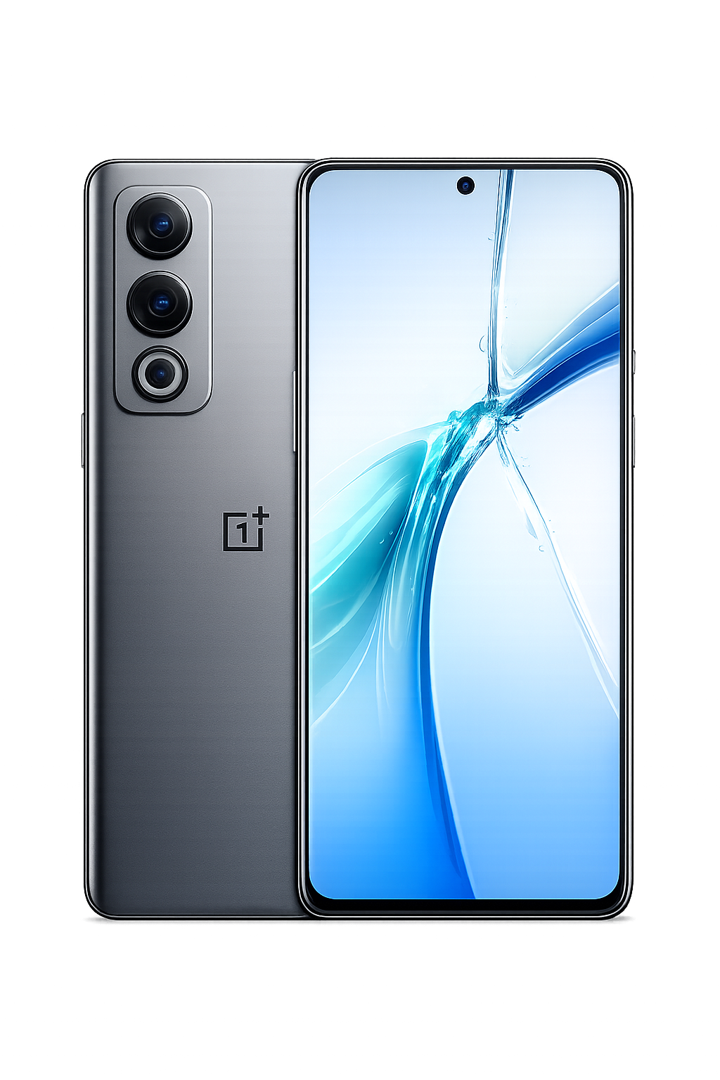 Een moderne smartphone met een groot scherm en drie camera's aan de achterkant, geplaatst in een verticale lijn, tegen een donkere, kleurrijke achtergrond met lichteffecten.