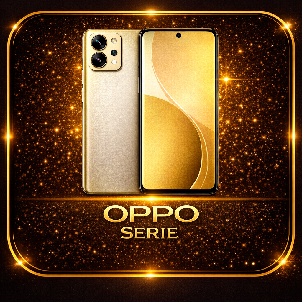 Een afbeelding van een gouden OPPO-smartphone uit de OPPO-serie, gezet tegen een achtergrond van sprankelende gouden sterren, met de tekst 'OPPO SERIE' onder de telefoon.