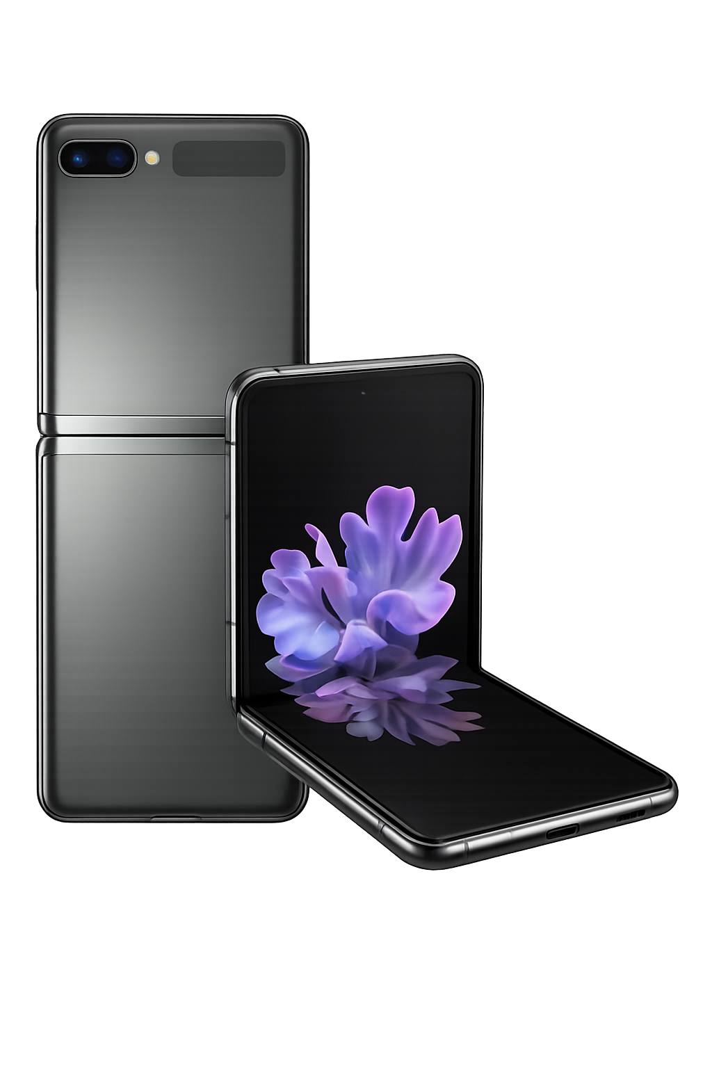 Twee opvouwbare smartphones met een donker scherm en een bloemenafbeelding op het display, tegen een kleurrijke geabstraheerde achtergrond.