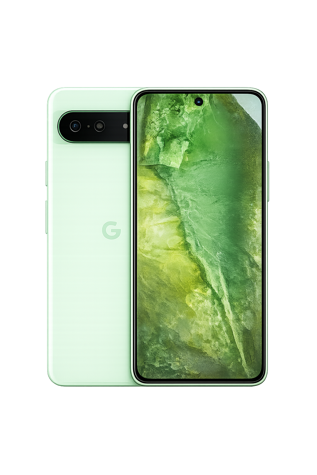 Groene Google Pixel-smartphone met een scherm dat een landschap met groene en gele tinten weergeeft, en het achtervlak met een Google-logo en een camera-array.