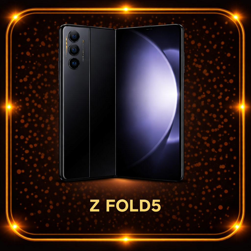 Een zwart vouwbare smartphone, de Z Fold 5, met drie camera's aan de achterkant, tegen een donkere achtergrond met oranje glitterachtige stippen en een gouden rand.