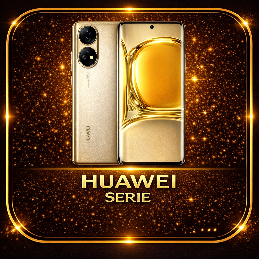 Een gouden Huawei-smartphone met dubbele camera en een glanzende gouden achtergrond met fonkelende sterren en de tekst 'HUAWEI SERIE'.