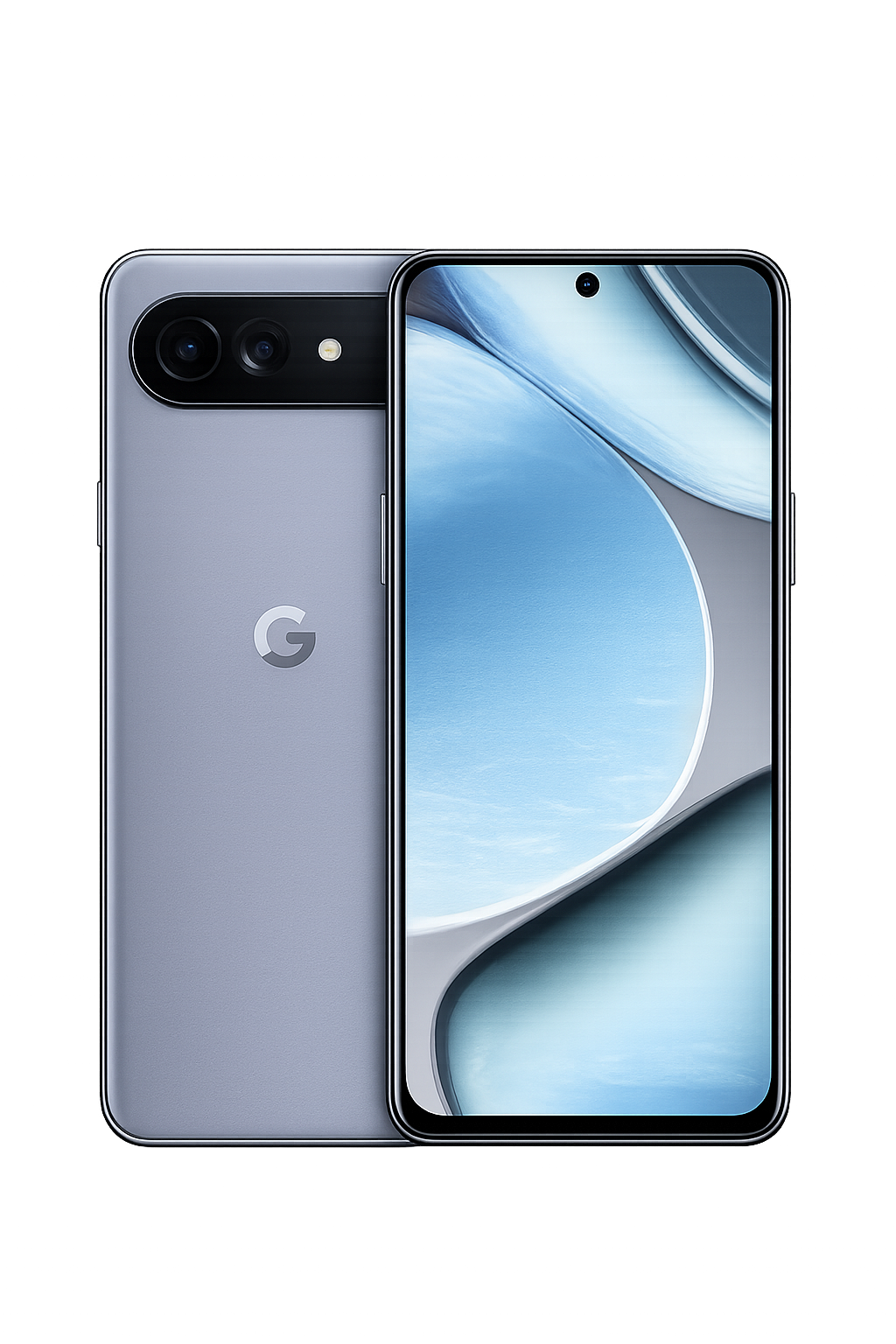 Een smartphone met dubbele camera en groot scherm, afgebeeld voor een kleurrijke, digitale achtergrond.