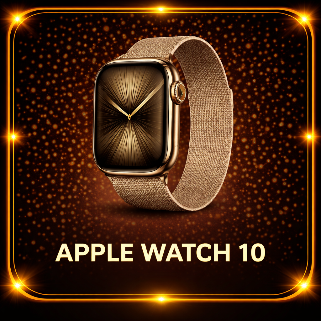 Goudkleurige Apple Watch 10 met een goudkleurige band, afgebeeld tegen een achtergrond van glinsterende gouden sproetjes en een gouden rand.