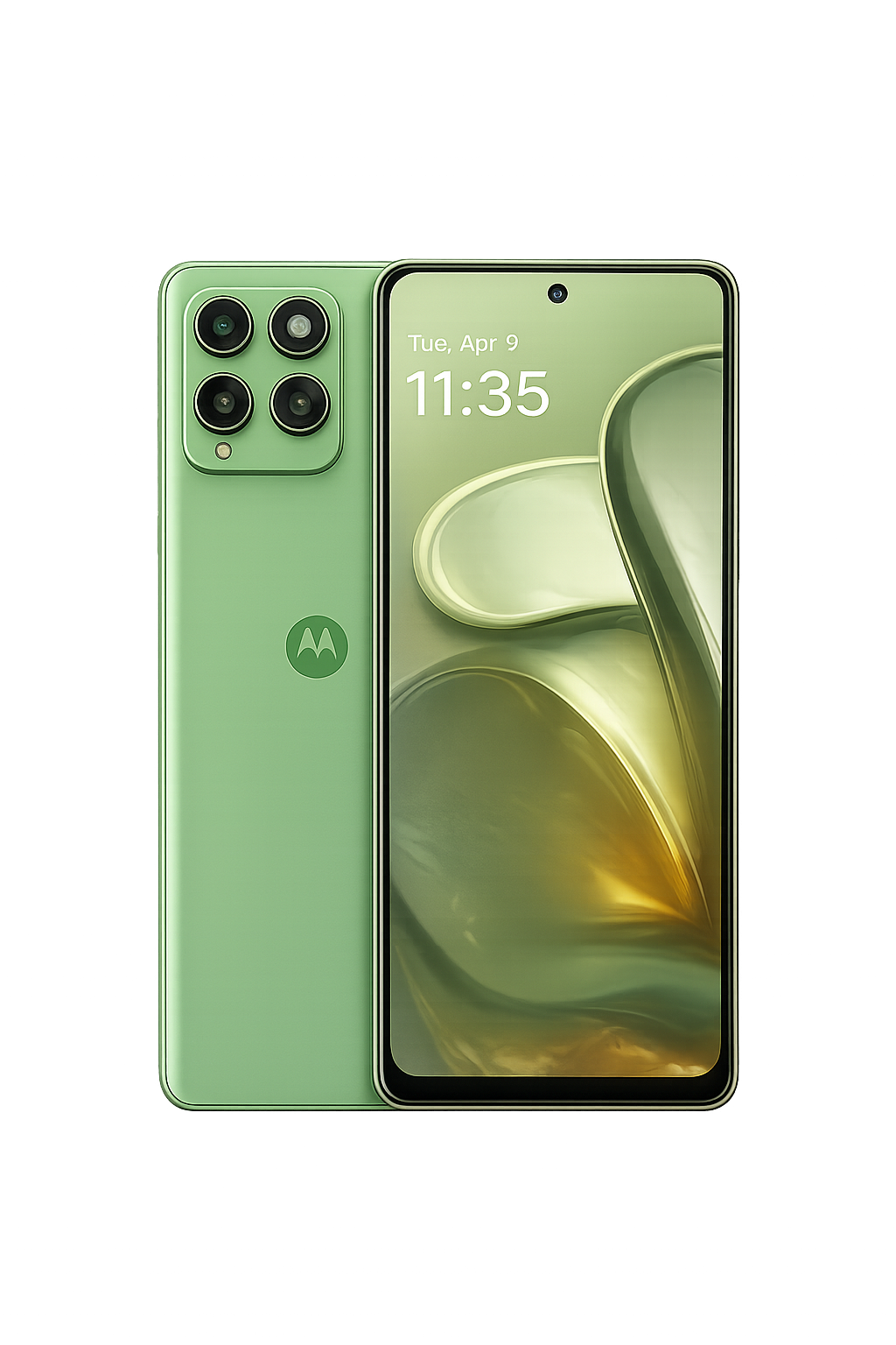 Een groene Motorola-smartphone met vier camerasensoren op de achterkant en het klokscherm toont de datum 9 april en de tijd 11:35, tegen een kleurrijke achtergrond met neonlichten.