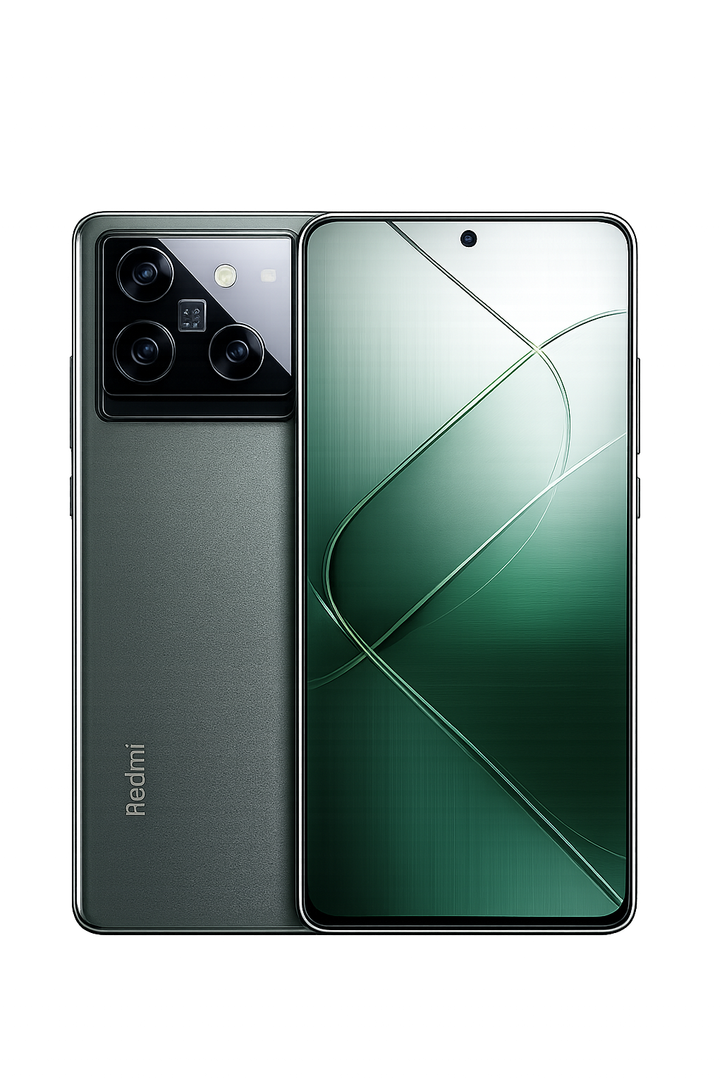 Een grote afbeelding van een nieuwe smartphone met een grote scherm en meerdere camera's aan de achterkant, tegen een achtergrond met neonlichten.