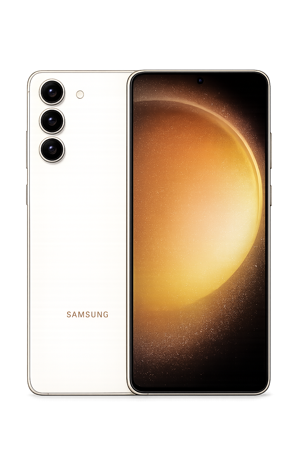 Een witte Samsung-smartphone met drie camera's aan de achterkant en een scherm dat een afbeelding van een gele planeet of ster toont.