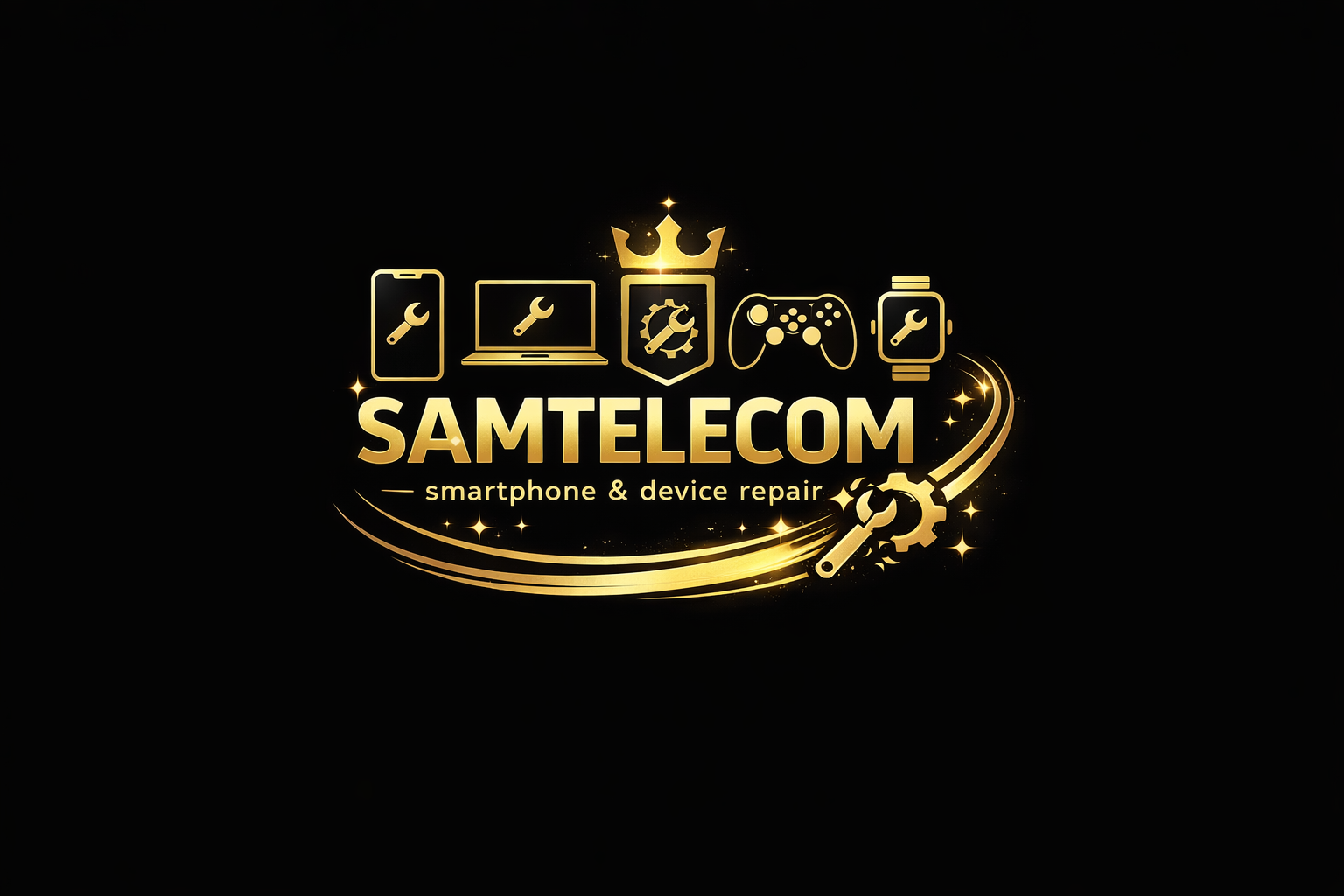 Een zwart achtergrond met gouden iconen van een smartphone, laptop, badge met een kroon en moersleutels, een gamecontroller, en een smartwatch. Centraal staat de tekst 'SAMTELECOM' met 'smartphone & device repair' eronder, omgeven door golvende gouden lijnen en sterren, symbool voor smartphone en apparaat reparatie.