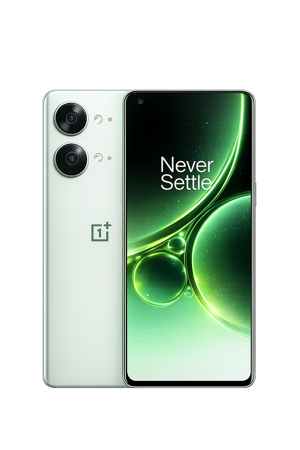 Smartphone met dubbele camera's en het scherm met de tekst 'Never Settle'.