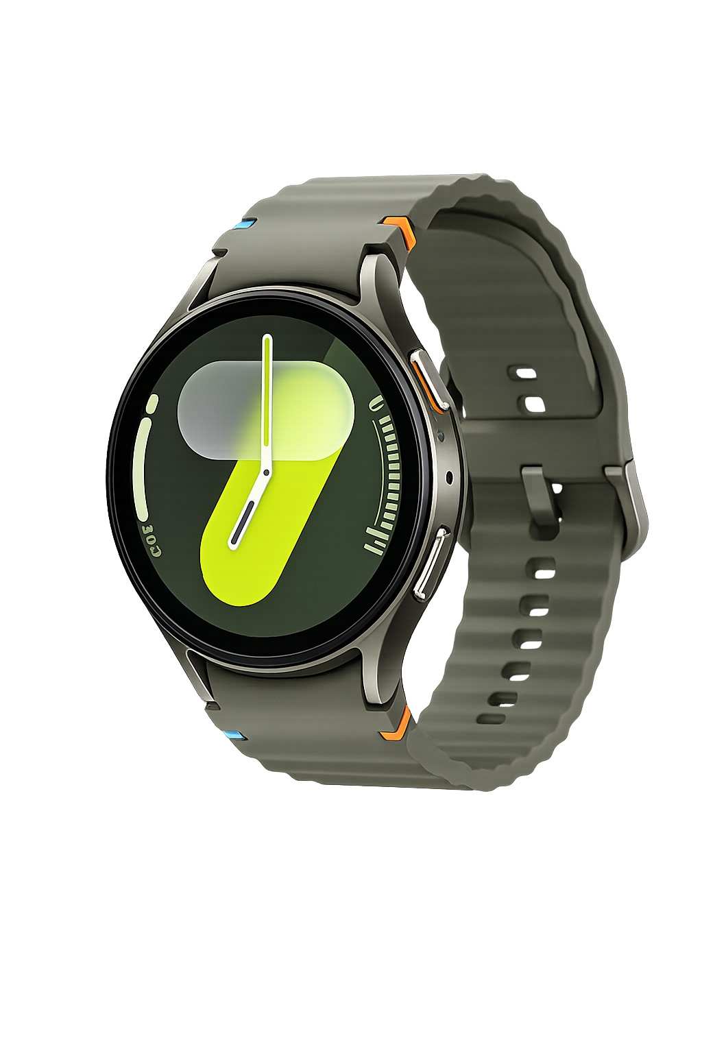 Een slimme horloge met een rond zwart scherm en een groene en witte digitale klokweergave, bevestigd aan een lichtgrijze band, tegen een kleurrijke, futuristische achtergrond met paarse en blauwe neonlichten.