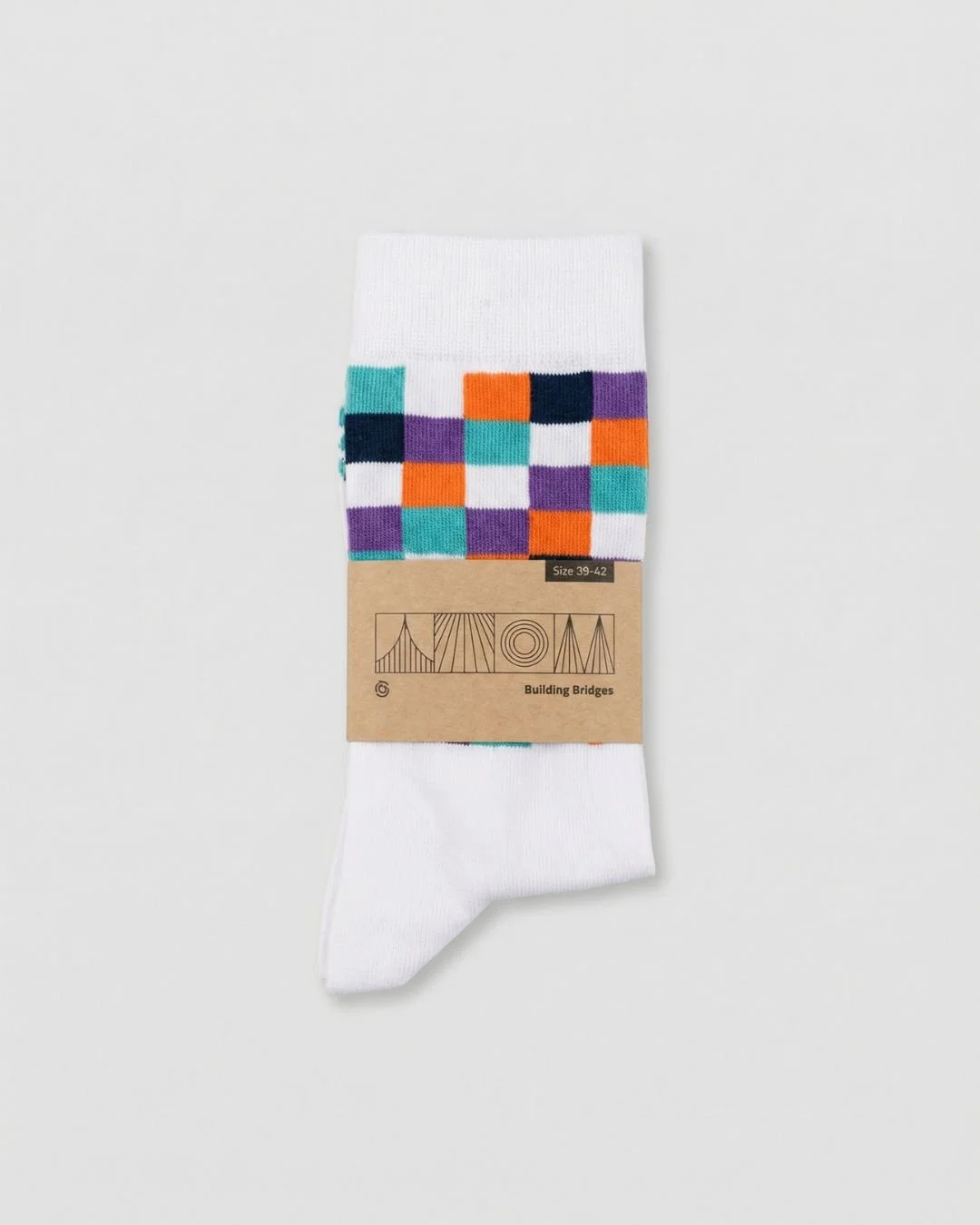 Colorful patterned socks with a checkerboard design held by a cardboard band.