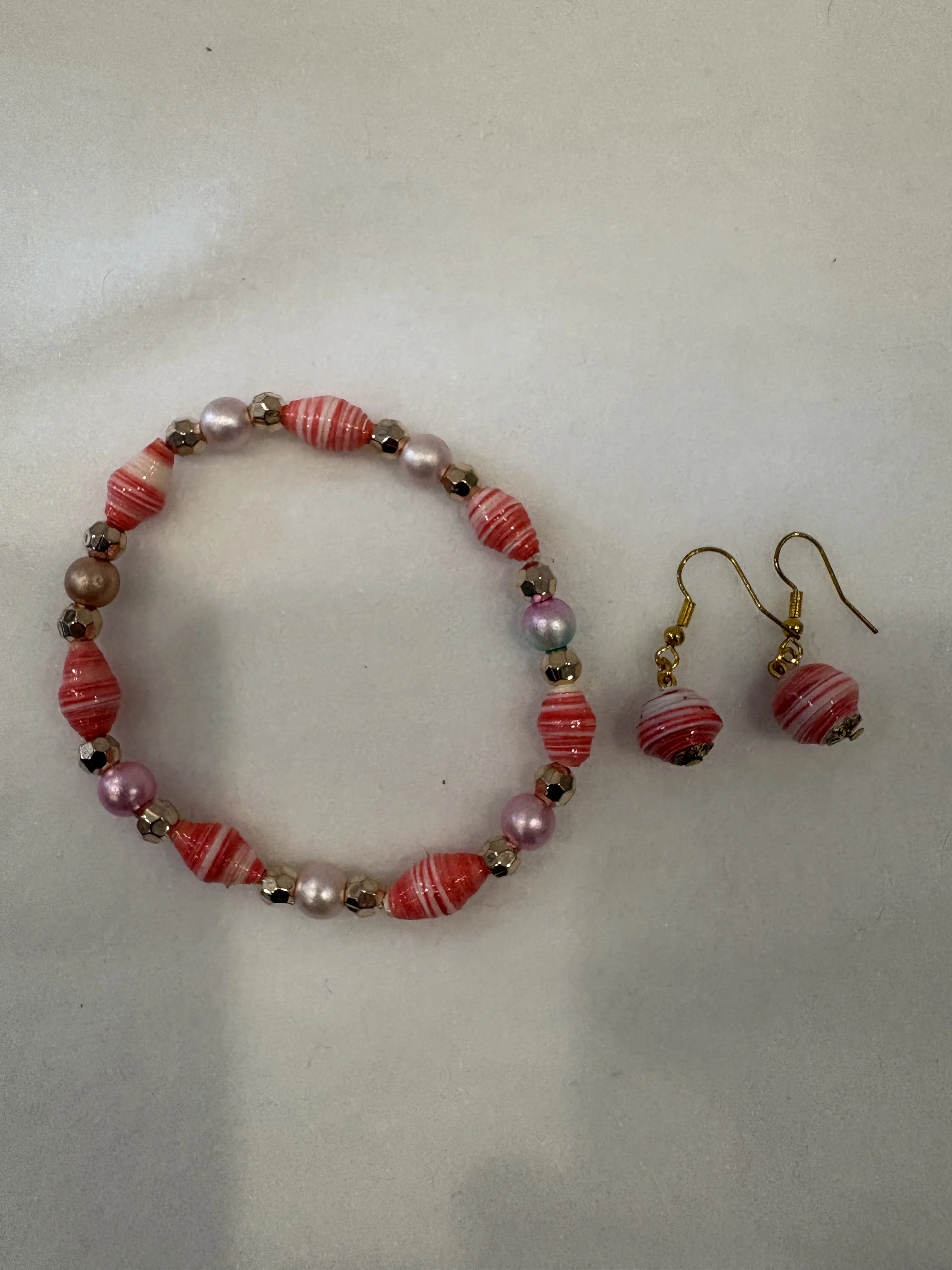 Pink Paper Bead Bracelet & Earring Set – “Candy Swirl”