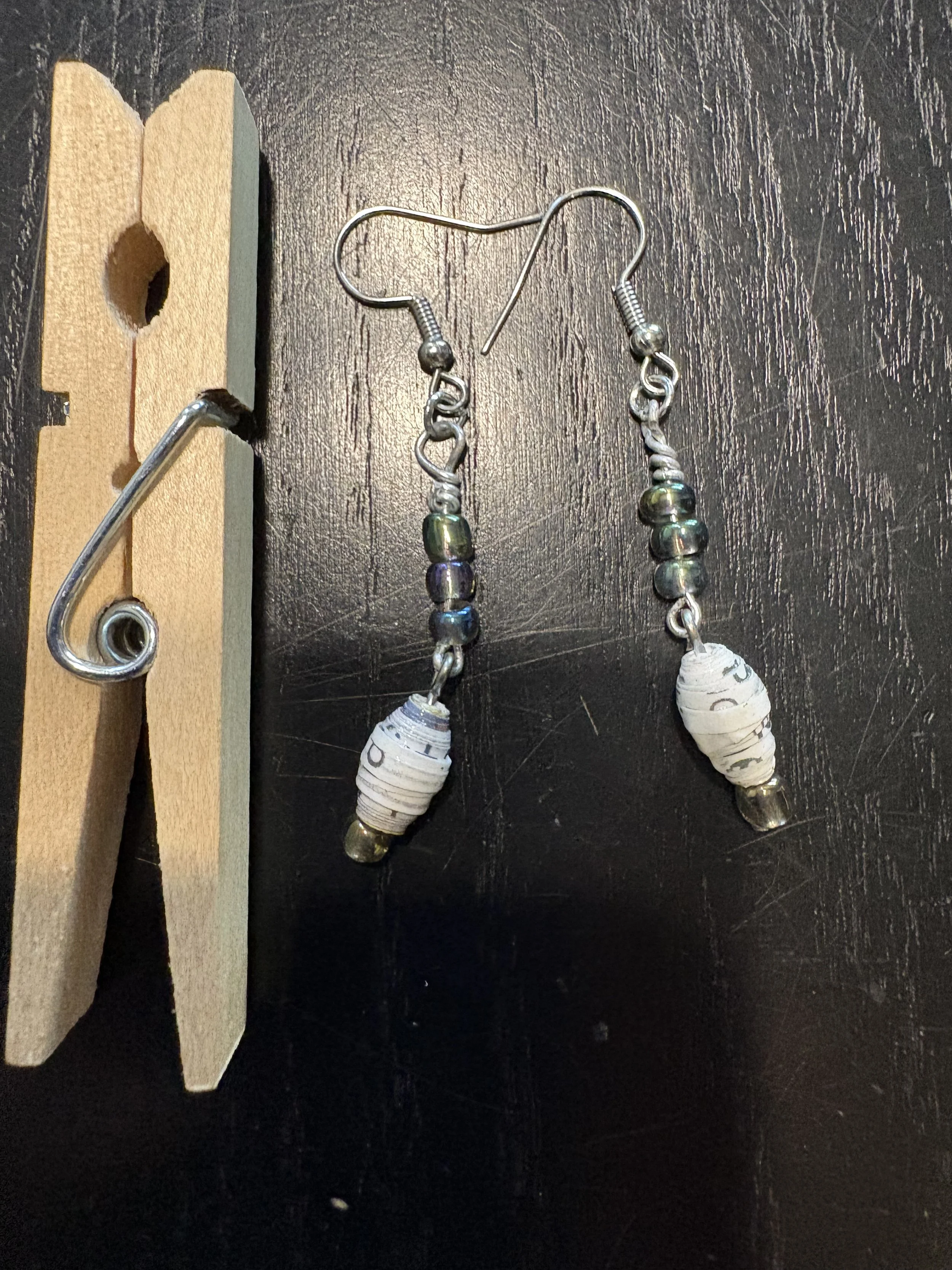 White dangly paper bead earrings