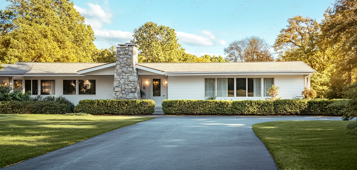 Single-story white house with a stone chimney, surrounded by well-maintained hedge and lawn, under a clear blue sky.