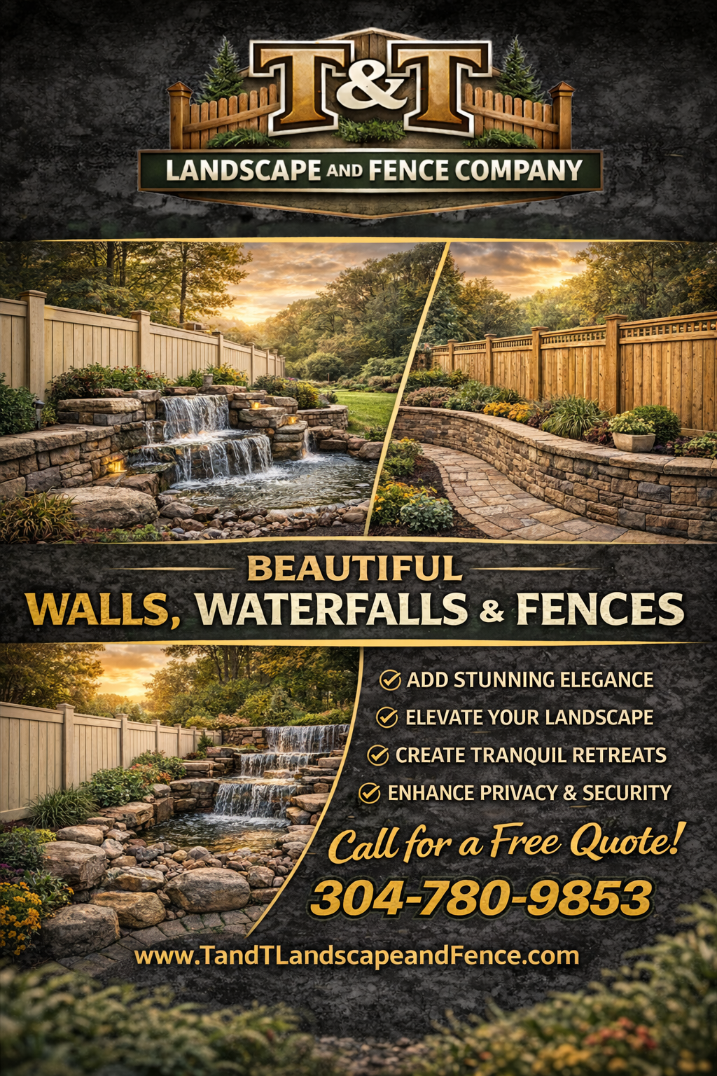 Landscape with wooden fence, waterfall, stone pathway, and lush greenery at sunset, promoting a landscaping company's services in walls, waterfalls, and fences.