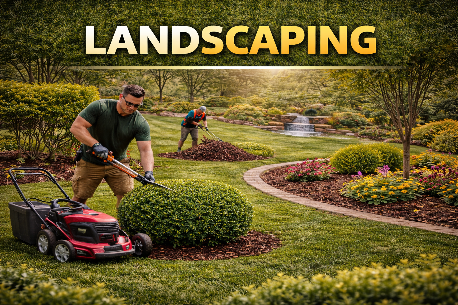 Two men working on landscaping in a well-maintained garden with neatly trimmed bushes, flowers, trees, and a small waterfall in the background.
