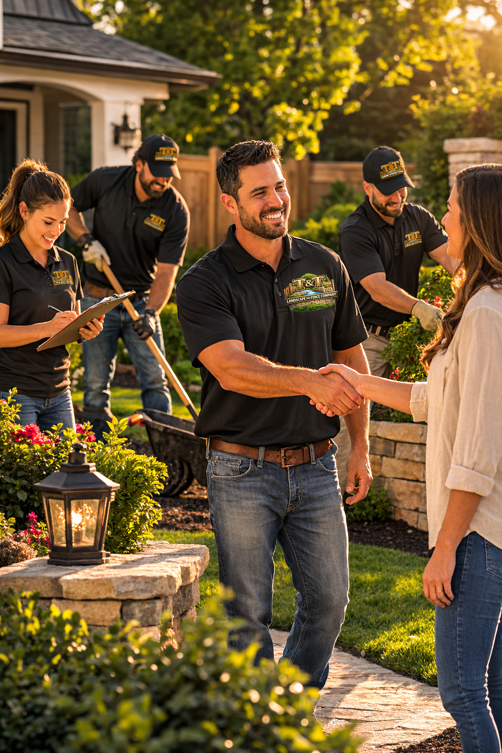Man and woman shaking hands outdoors, with three workers in black shirts in the background, planting and working in a landscaped yard.