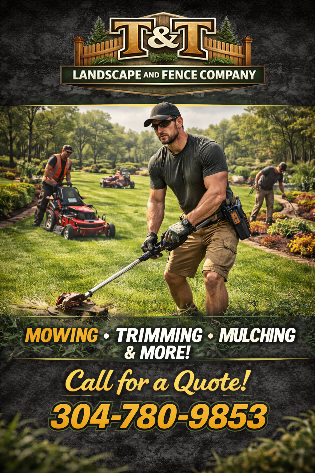 A landscaping crew operating equipment on a lush green lawn, with trees and flowers in the background. The flyer promotes T&T Landscape and Fence Company, highlighting services like mowing, trimming, and mulching. Contact number is 304-780-9853.