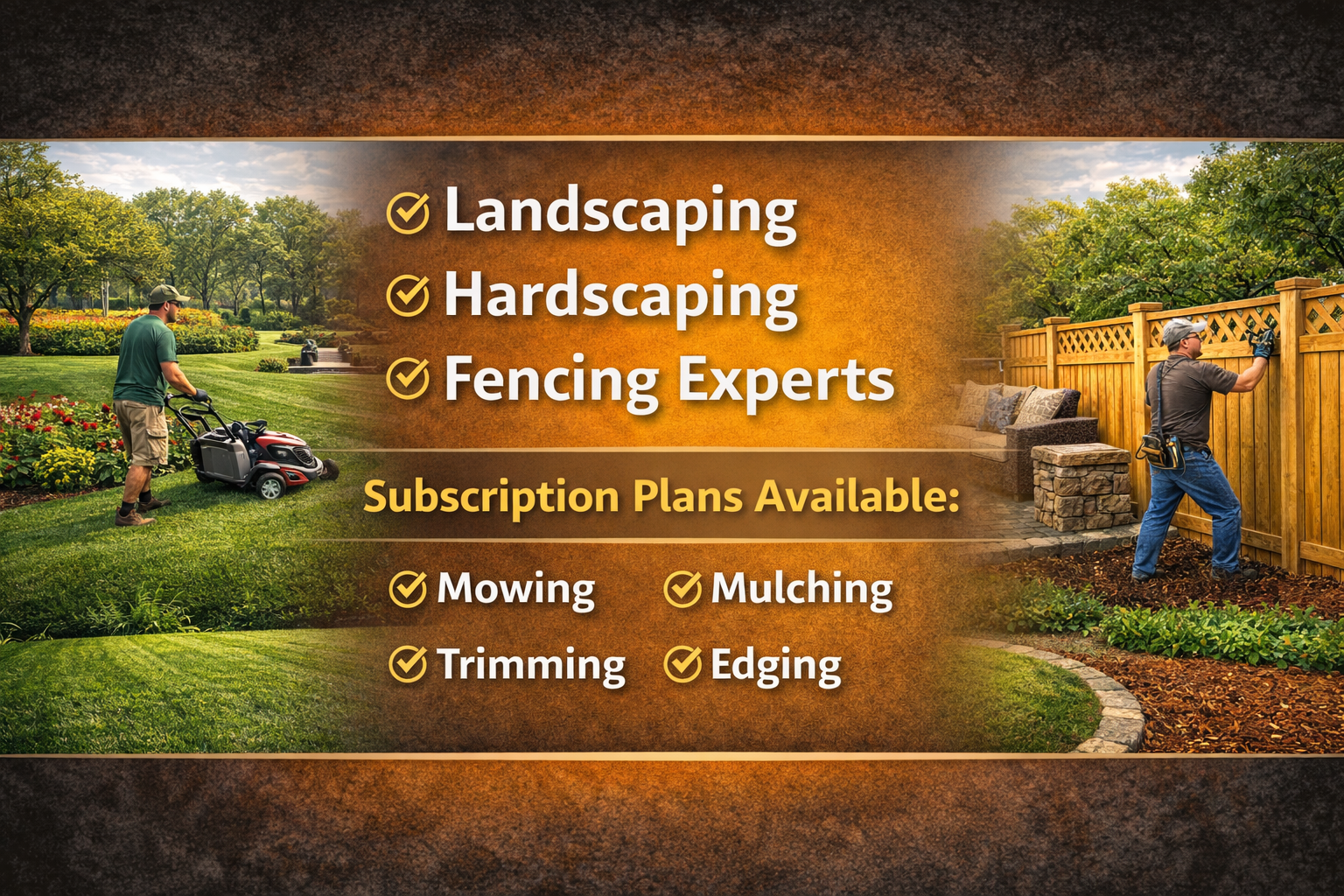 An advertisement for landscaping, hardscaping, and fencing services showing two men working in a well-maintained yard with trees, flowers, and a wooden fence, and listing subscription plans for mowing, trimming, mulching, and edging.